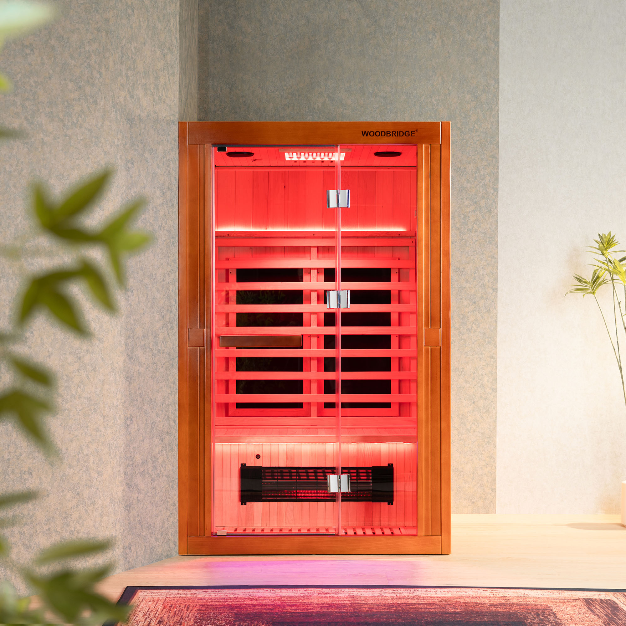  2-Person Indoor FAR Infrared Sauna Crafted from Canadian Hemlock with Red Light Therapy, Bluetooth Speaker, Smart Control Panel & Chromotherapy Lighting_25290