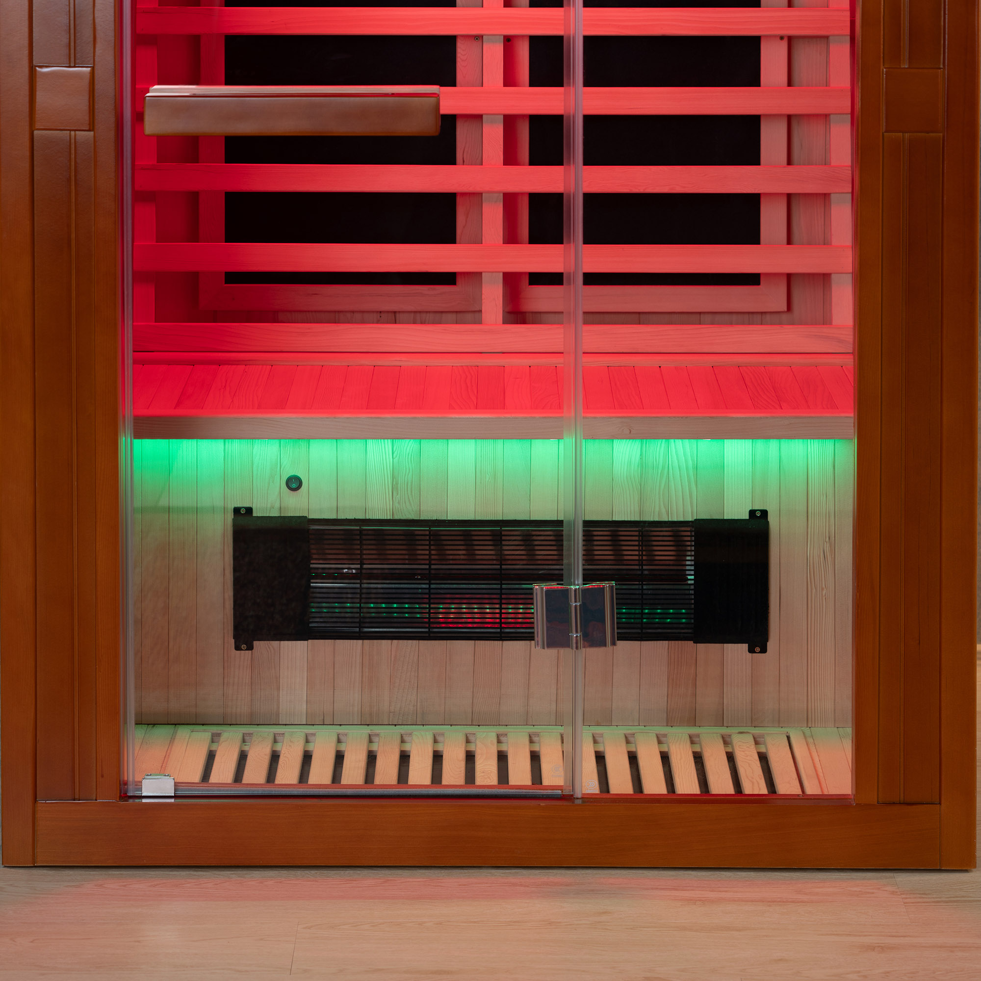 2-Person Indoor FAR Infrared Sauna Crafted from Canadian Hemlock with Red Light Therapy, Bluetooth Speaker, Smart Control Panel & Chromotherapy Lighting_25305