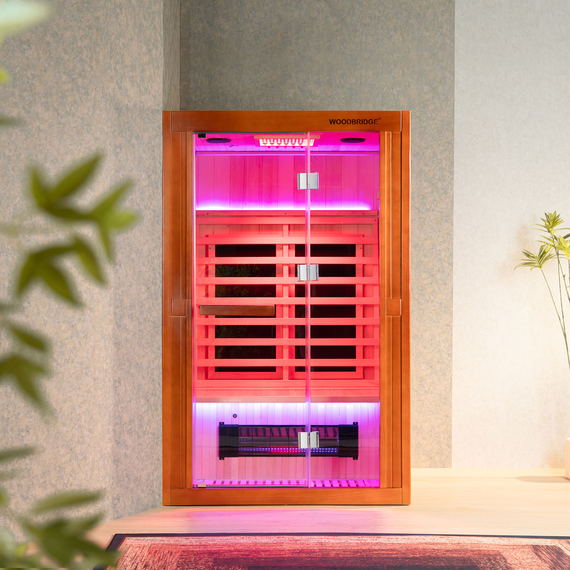  2-Person Indoor FAR Infrared Sauna Crafted from Canadian Hemlock with Red Light Therapy, Bluetooth Speaker, Smart Control Panel & Chromotherapy Lighting_25306