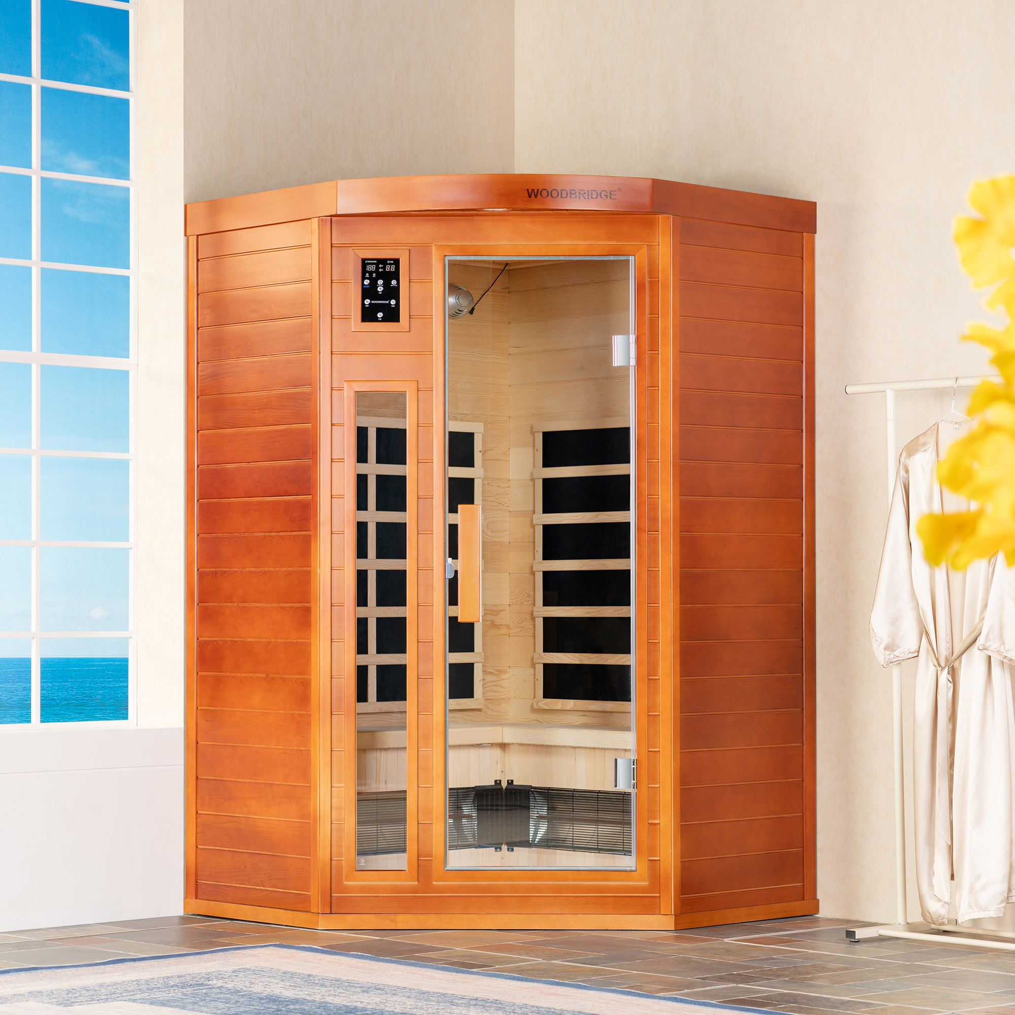  2-Person Indoor FAR Infrared Corner Sauna in Canadian Hemlock with Red Light Therapy, Bluetooth Speaker, Smart Control Panel & Chromotherapy Lighting_25308