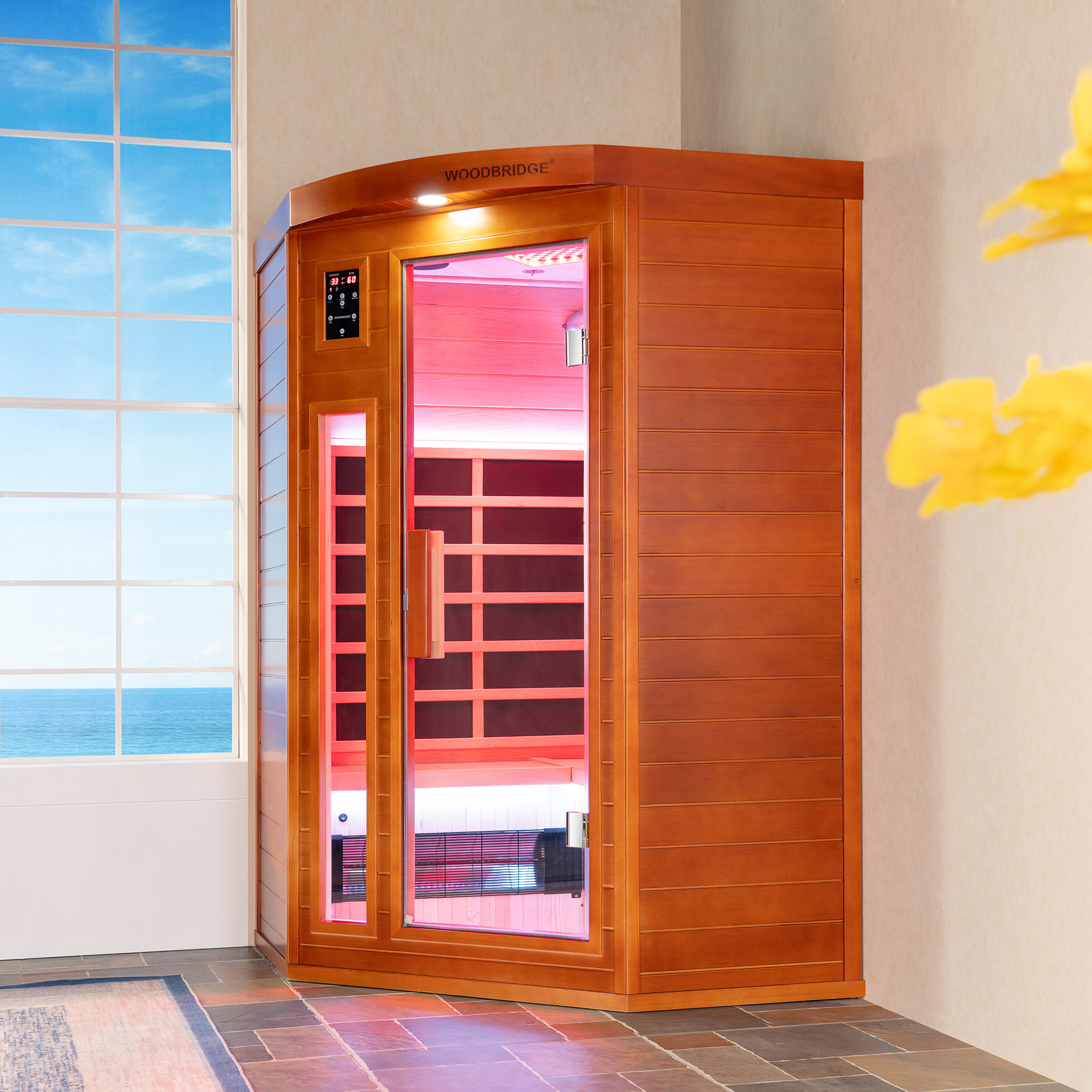  2-Person Indoor FAR Infrared Corner Sauna in Canadian Hemlock with Red Light Therapy, Bluetooth Speaker, Smart Control Panel & Chromotherapy Lighting_25310