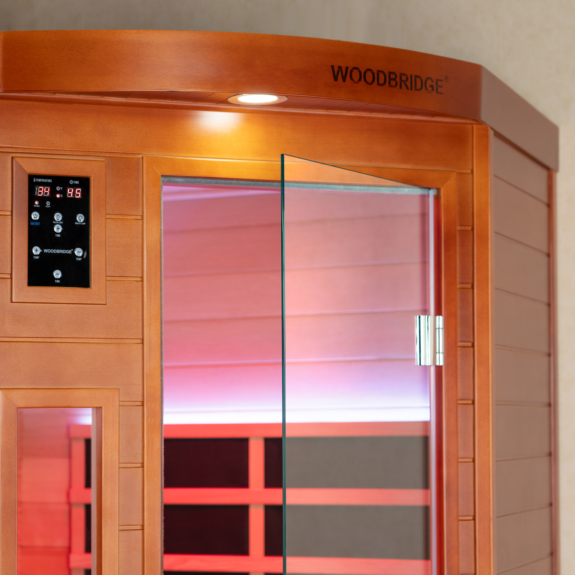  2-Person Indoor FAR Infrared Corner Sauna in Canadian Hemlock with Red Light Therapy, Bluetooth Speaker, Smart Control Panel & Chromotherapy Lighting_25311