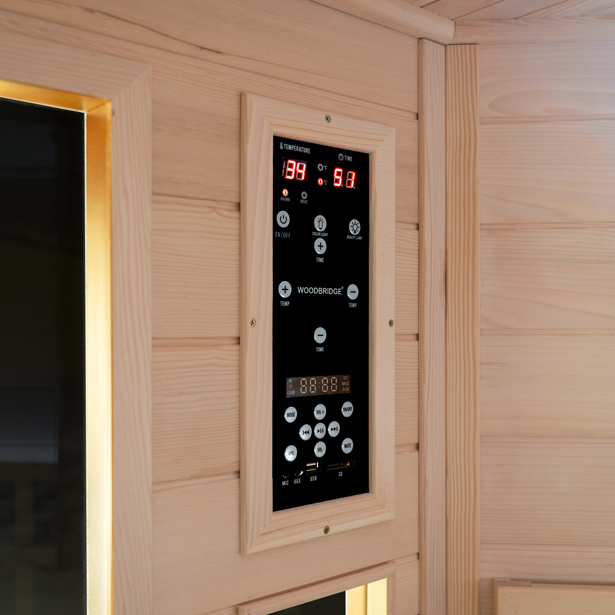 2-Person Indoor FAR Infrared Corner Sauna in Canadian Hemlock with Red Light Therapy, Bluetooth Speaker, Smart Control Panel & Chromotherapy Lighting_25315