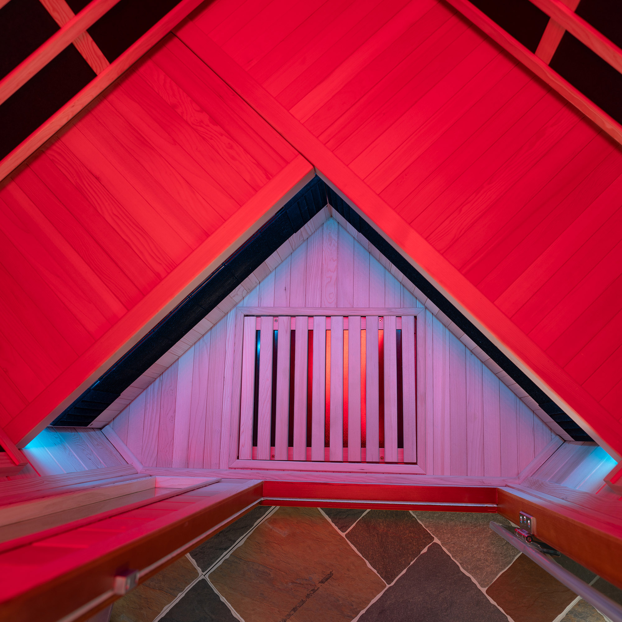  2-Person Indoor FAR Infrared Corner Sauna in Canadian Hemlock with Red Light Therapy, Bluetooth Speaker, Smart Control Panel & Chromotherapy Lighting_25316