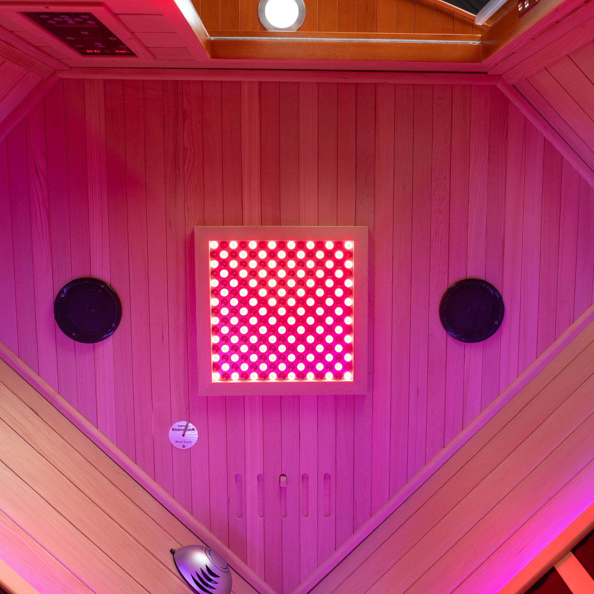  2-Person Indoor FAR Infrared Corner Sauna in Canadian Hemlock with Red Light Therapy, Bluetooth Speaker, Smart Control Panel & Chromotherapy Lighting_25317