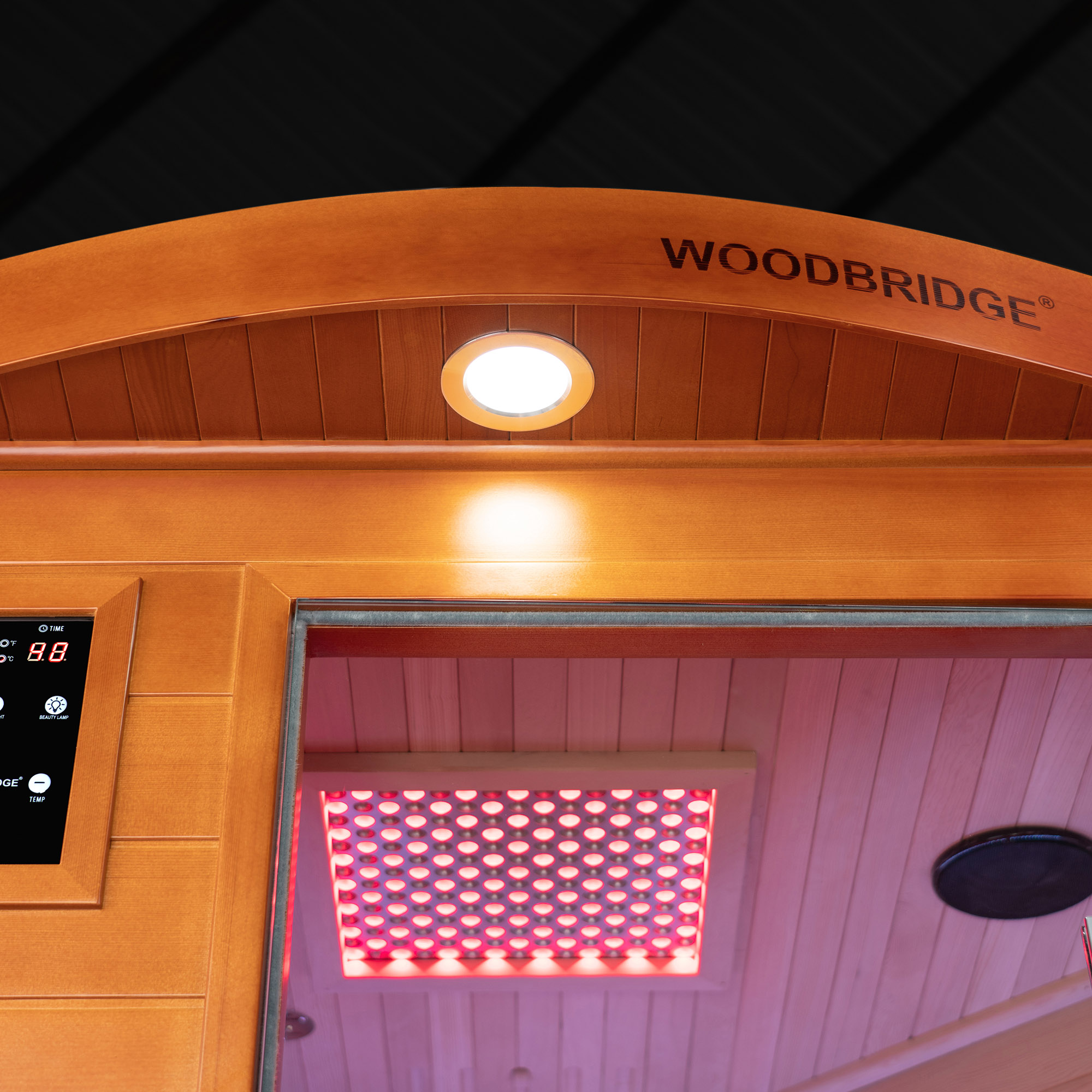  2-Person Indoor FAR Infrared Corner Sauna in Canadian Hemlock with Red Light Therapy, Bluetooth Speaker, Smart Control Panel & Chromotherapy Lighting_25319