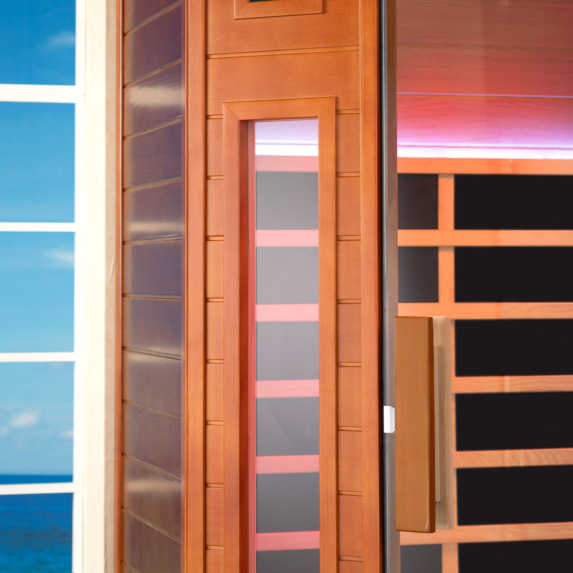  2-Person Indoor FAR Infrared Corner Sauna in Canadian Hemlock with Red Light Therapy, Bluetooth Speaker, Smart Control Panel & Chromotherapy Lighting_25320