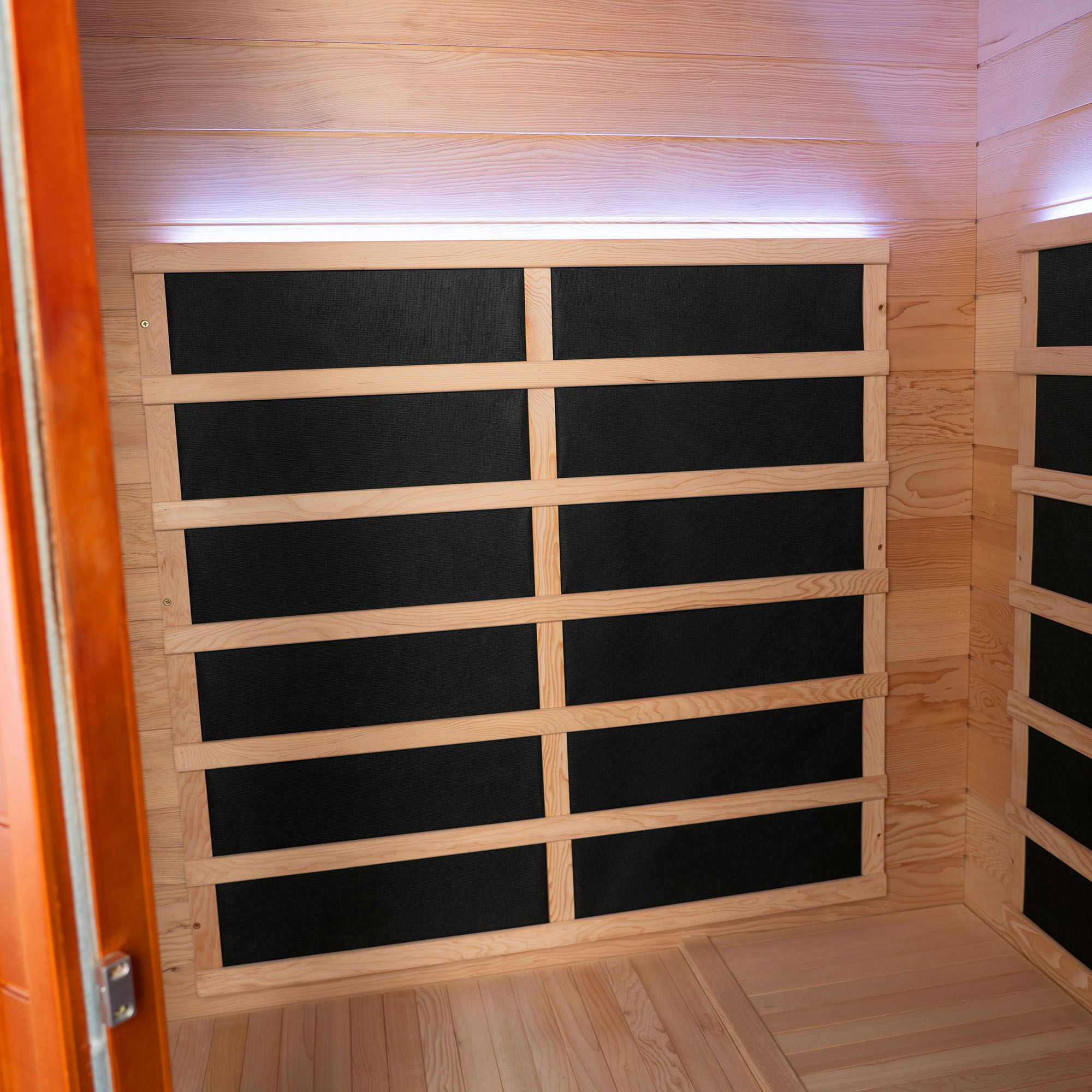  2-Person Indoor FAR Infrared Corner Sauna in Canadian Hemlock with Red Light Therapy, Bluetooth Speaker, Smart Control Panel & Chromotherapy Lighting_25321