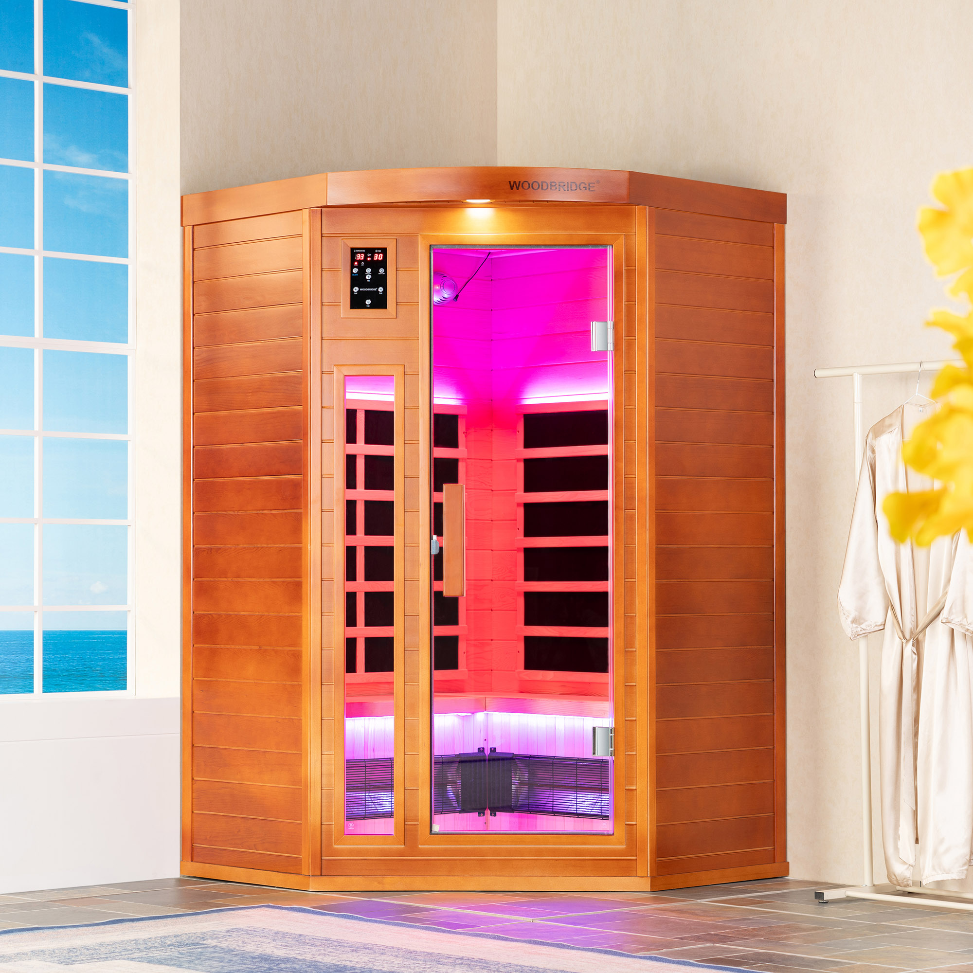  2-Person Indoor FAR Infrared Corner Sauna in Canadian Hemlock with Red Light Therapy, Bluetooth Speaker, Smart Control Panel & Chromotherapy Lighting_25322