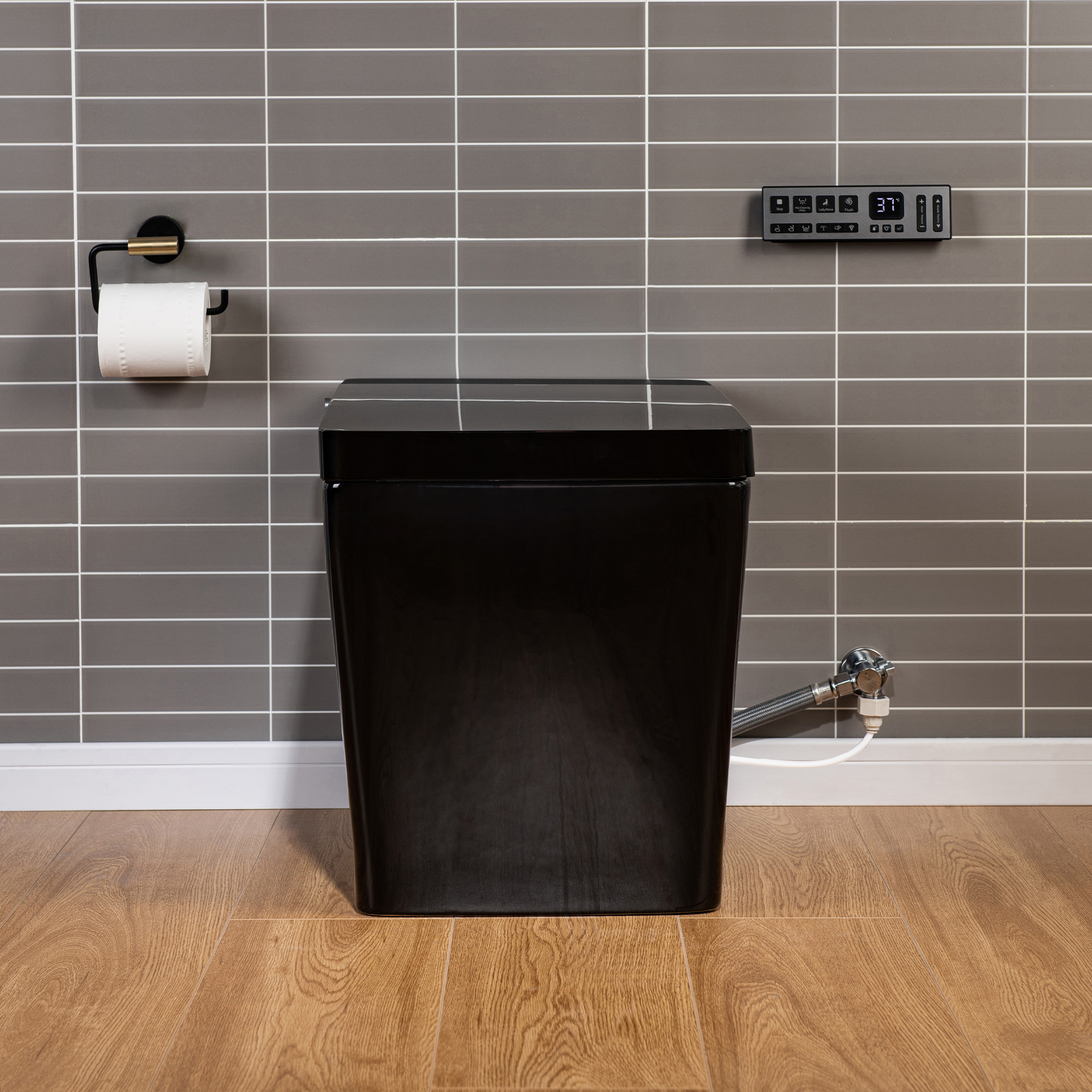  WOODBRIDGE EBT-HB02 One-Piece Square Smart Bidet Toilet with Auto Open & Close, Foot Sensor, Auto Flush, Multiple Spray Modes, Heated Seat, Warm Water and Air Dryer, Auto LED Nightlight, Glossy Black_25324