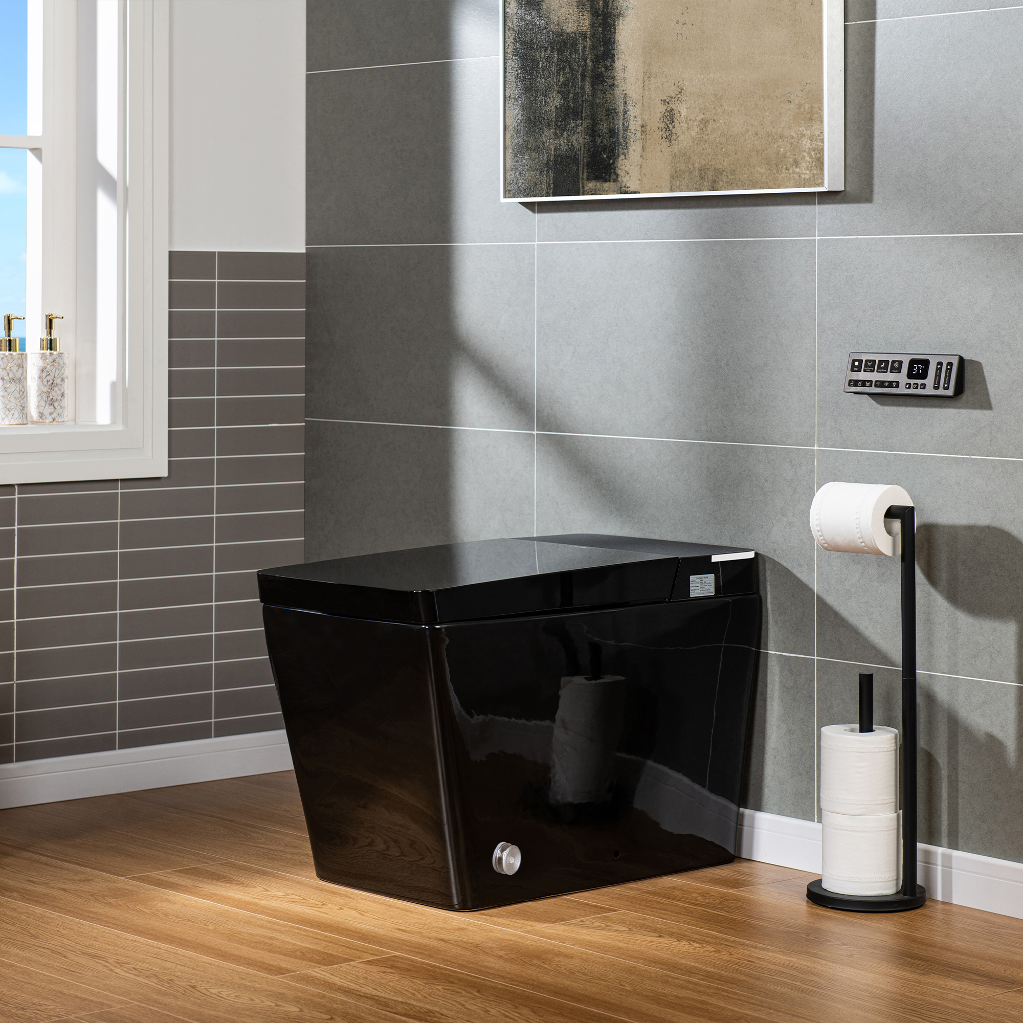  WOODBRIDGE EBT-HB02 One-Piece Square Smart Bidet Toilet with Auto Open & Close, Foot Sensor, Auto Flush, Multiple Spray Modes, Heated Seat, Warm Water and Air Dryer, Auto LED Nightlight, Glossy Black_25326