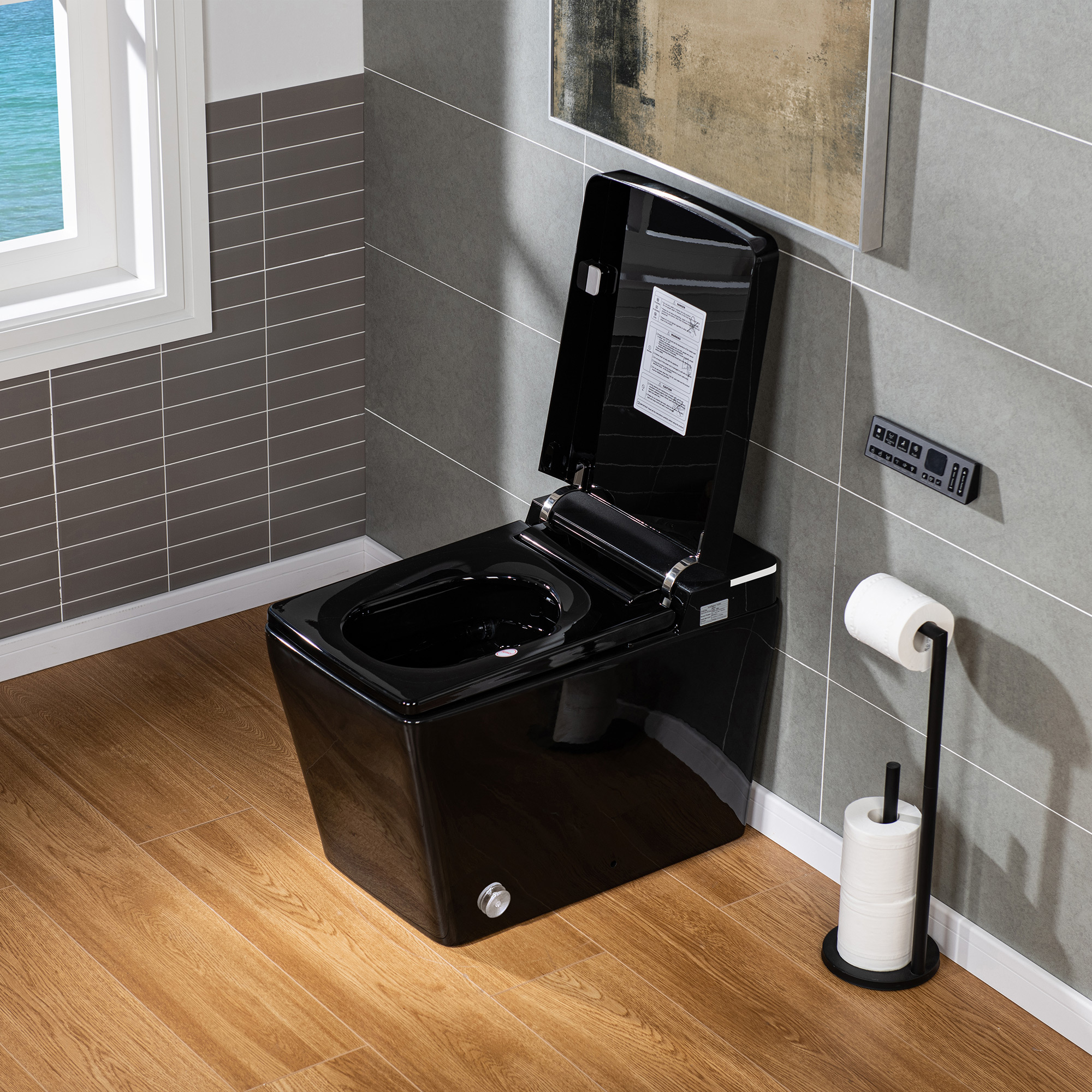  WOODBRIDGE EBT-HB02 One-Piece Square Smart Bidet Toilet with Auto Open & Close, Foot Sensor, Auto Flush, Multiple Spray Modes, Heated Seat, Warm Water and Air Dryer, Auto LED Nightlight, Glossy Black_25327
