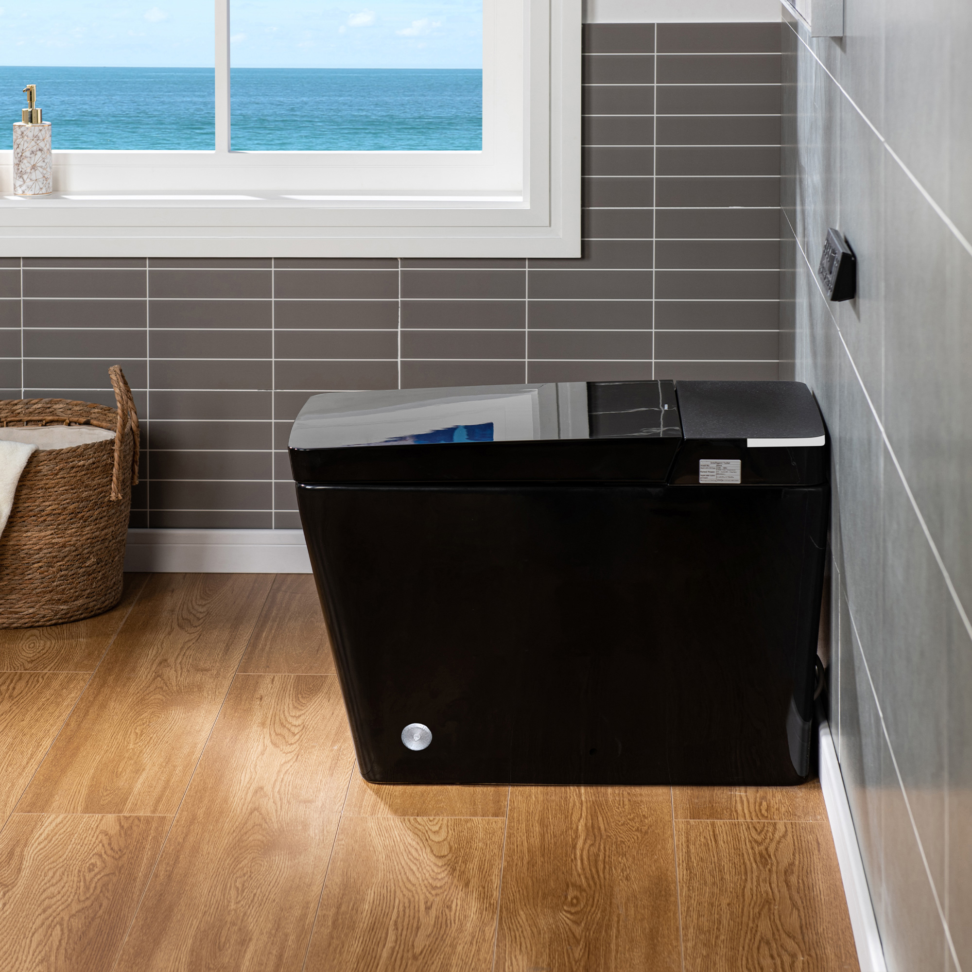  WOODBRIDGE EBT-HB02 One-Piece Square Smart Bidet Toilet with Auto Open & Close, Foot Sensor, Auto Flush, Multiple Spray Modes, Heated Seat, Warm Water and Air Dryer, Auto LED Nightlight, Glossy Black_25329