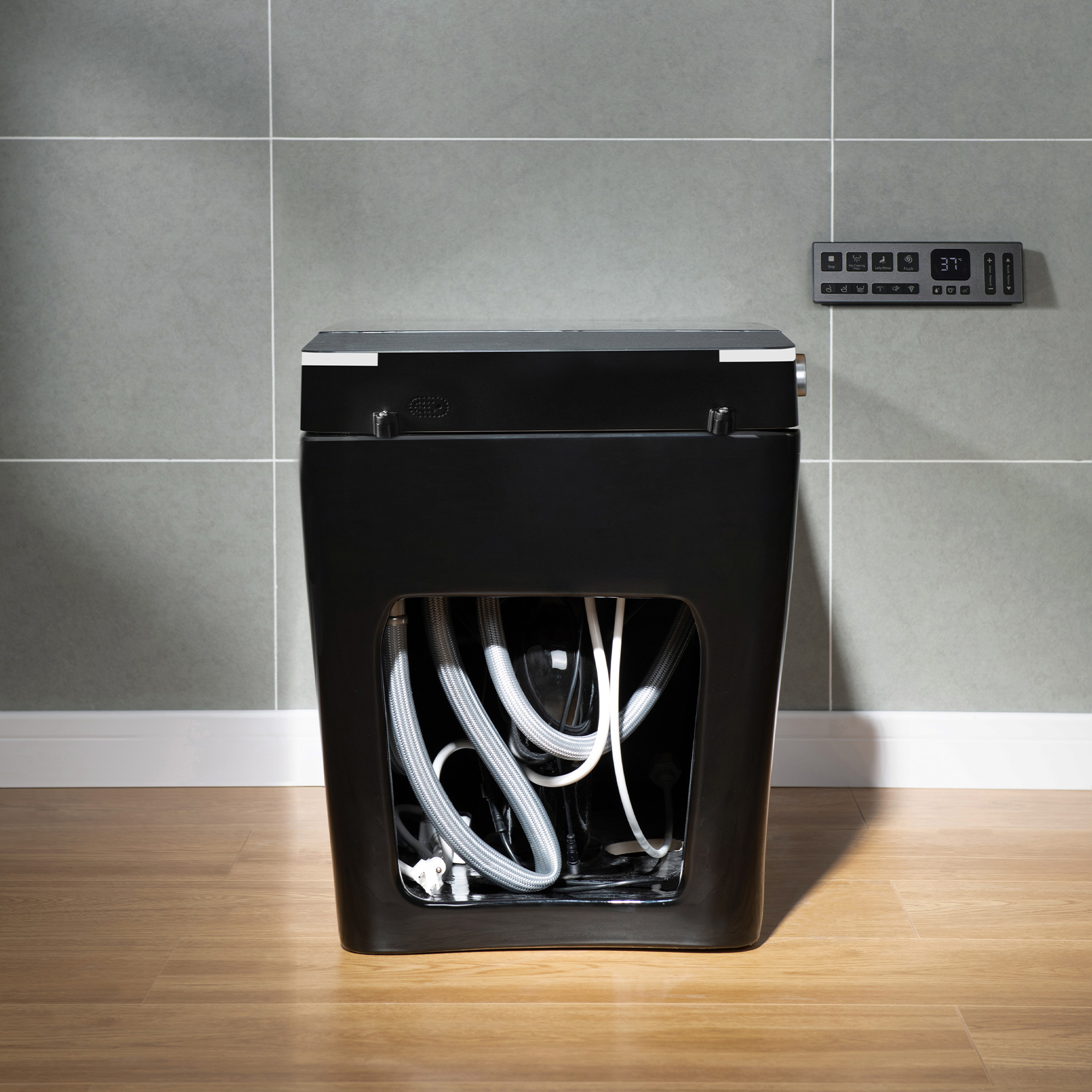  WOODBRIDGE EBT-HB02 One-Piece Square Smart Bidet Toilet with Auto Open & Close, Foot Sensor, Auto Flush, Multiple Spray Modes, Heated Seat, Warm Water and Air Dryer, Auto LED Nightlight, Glossy Black_25332