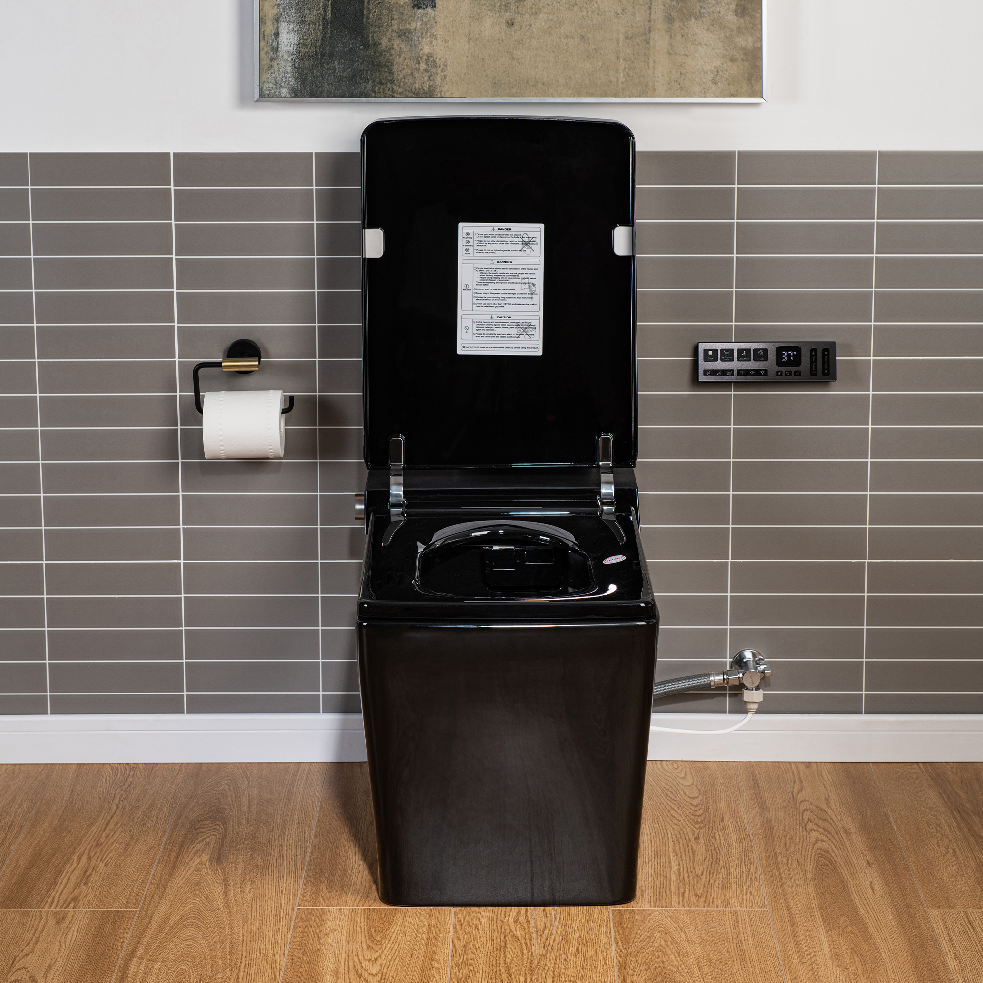  WOODBRIDGE EBT-HB02 One-Piece Square Smart Bidet Toilet with Auto Open & Close, Foot Sensor, Auto Flush, Multiple Spray Modes, Heated Seat, Warm Water and Air Dryer, Auto LED Nightlight, Glossy Black_25334