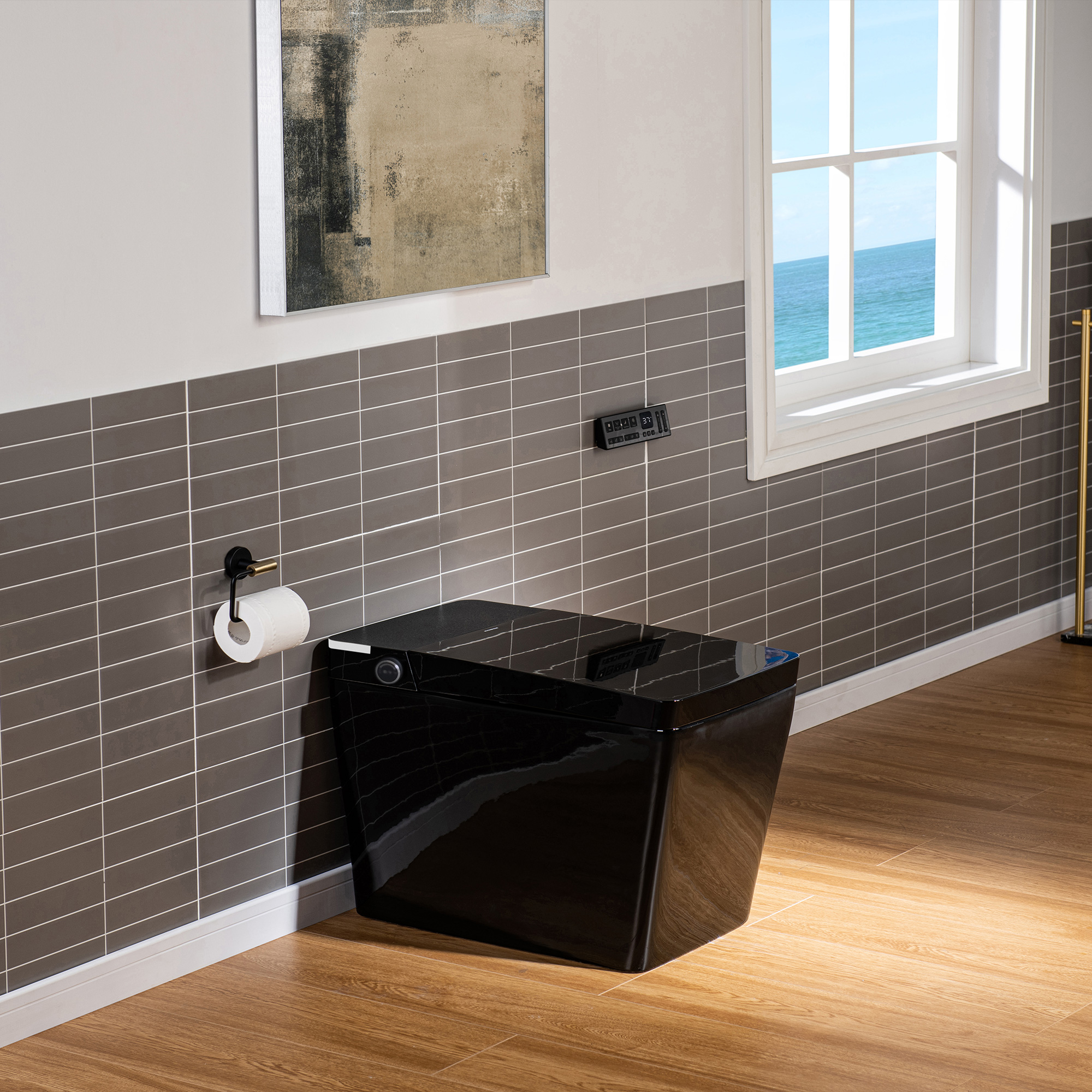  WOODBRIDGE EBT-HB02 One-Piece Square Smart Bidet Toilet with Auto Open & Close, Foot Sensor, Auto Flush, Multiple Spray Modes, Heated Seat, Warm Water and Air Dryer, Auto LED Nightlight, Glossy Black_25335