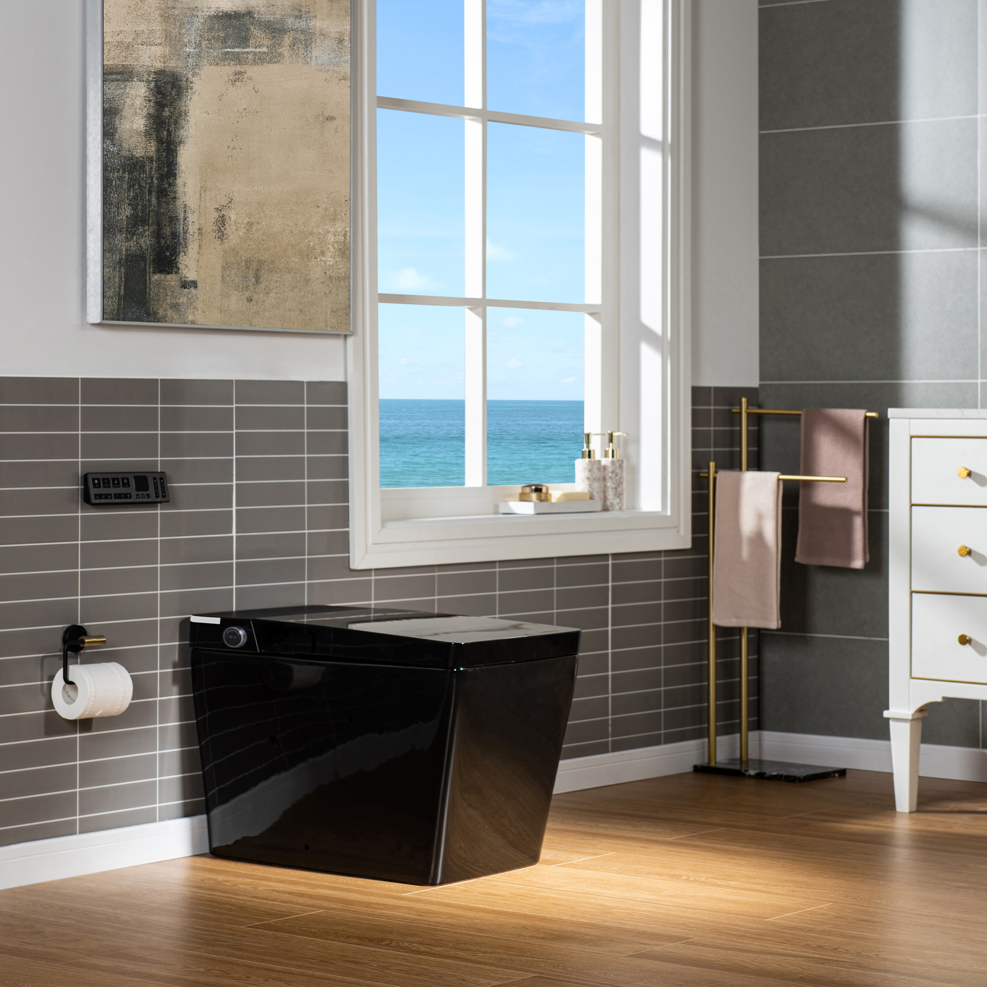  WOODBRIDGE EBT-HB02 One-Piece Square Smart Bidet Toilet with Auto Open & Close, Foot Sensor, Auto Flush, Multiple Spray Modes, Heated Seat, Warm Water and Air Dryer, Auto LED Nightlight, Glossy Black_25336