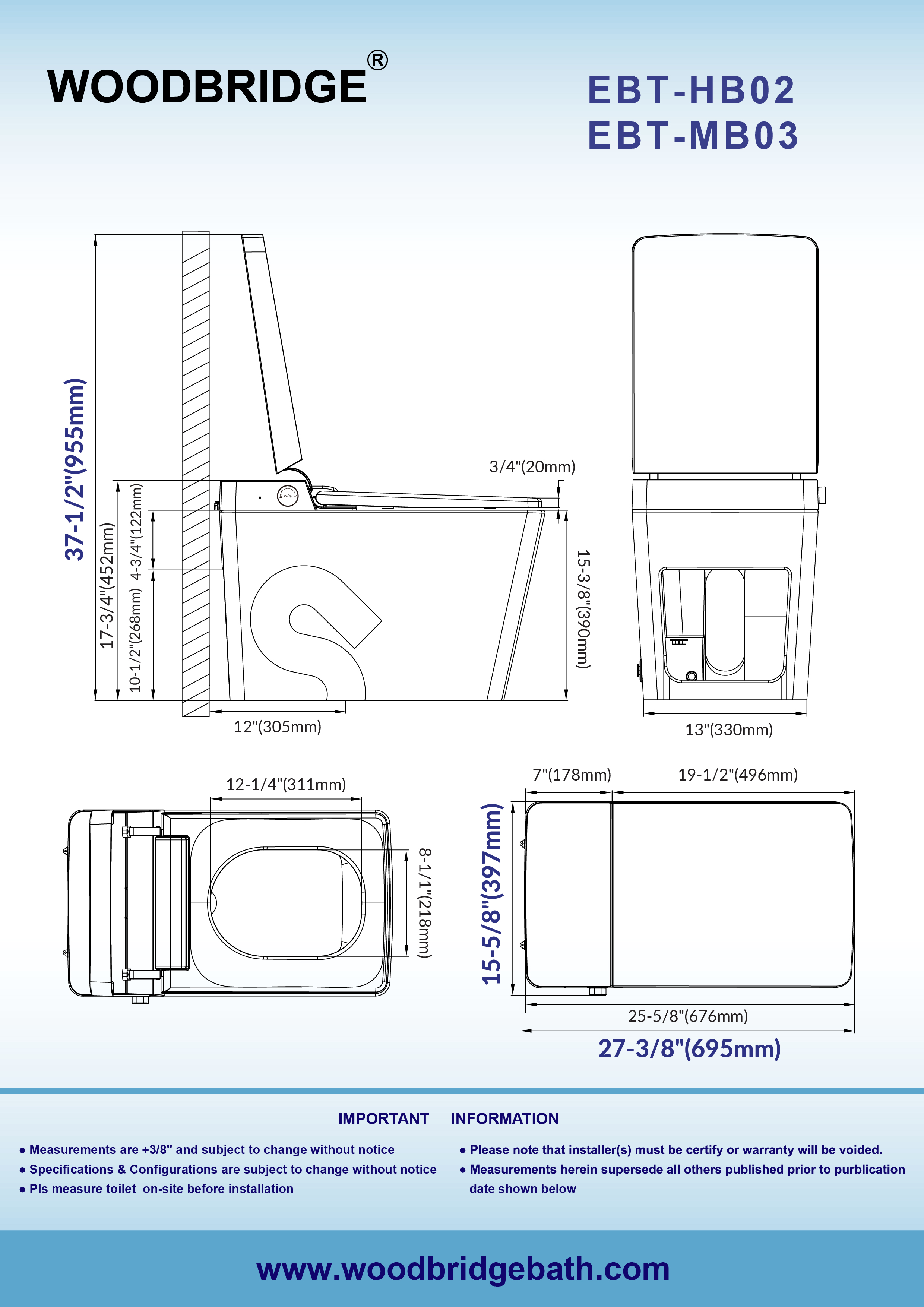  WOODBRIDGE EBT-HB02 One-Piece Square Smart Bidet Toilet with Auto Open & Close, Foot Sensor, Auto Flush, Multiple Spray Modes, Heated Seat, Warm Water and Air Dryer, Auto LED Nightlight, Glossy Black_25337