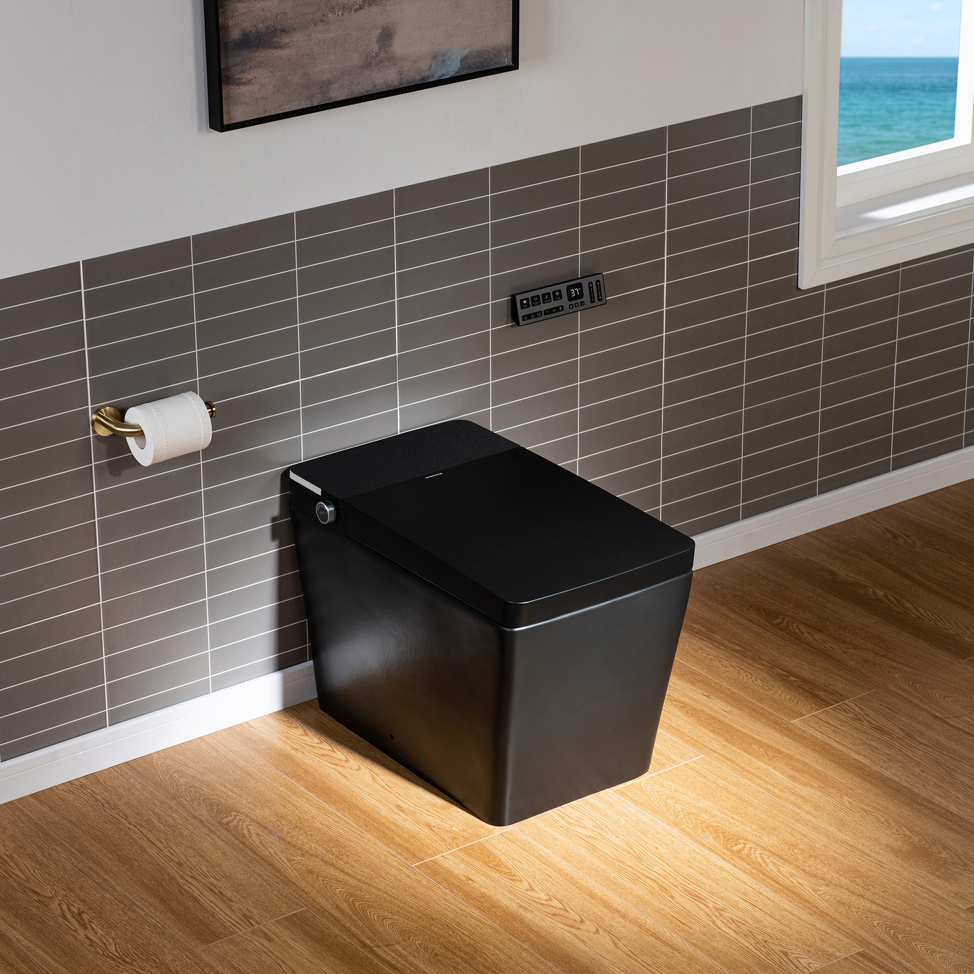  WOODBRIDGE EBT-MB03 One Piece Square Smart Bidet Toilet with Auto Open & Close, Foot Sensor, Auto Flush, Multiple Spray Modes, Heated Seat, Warm Water and Air Dryer, Auto LED Nightlight, Matte Black_25342
