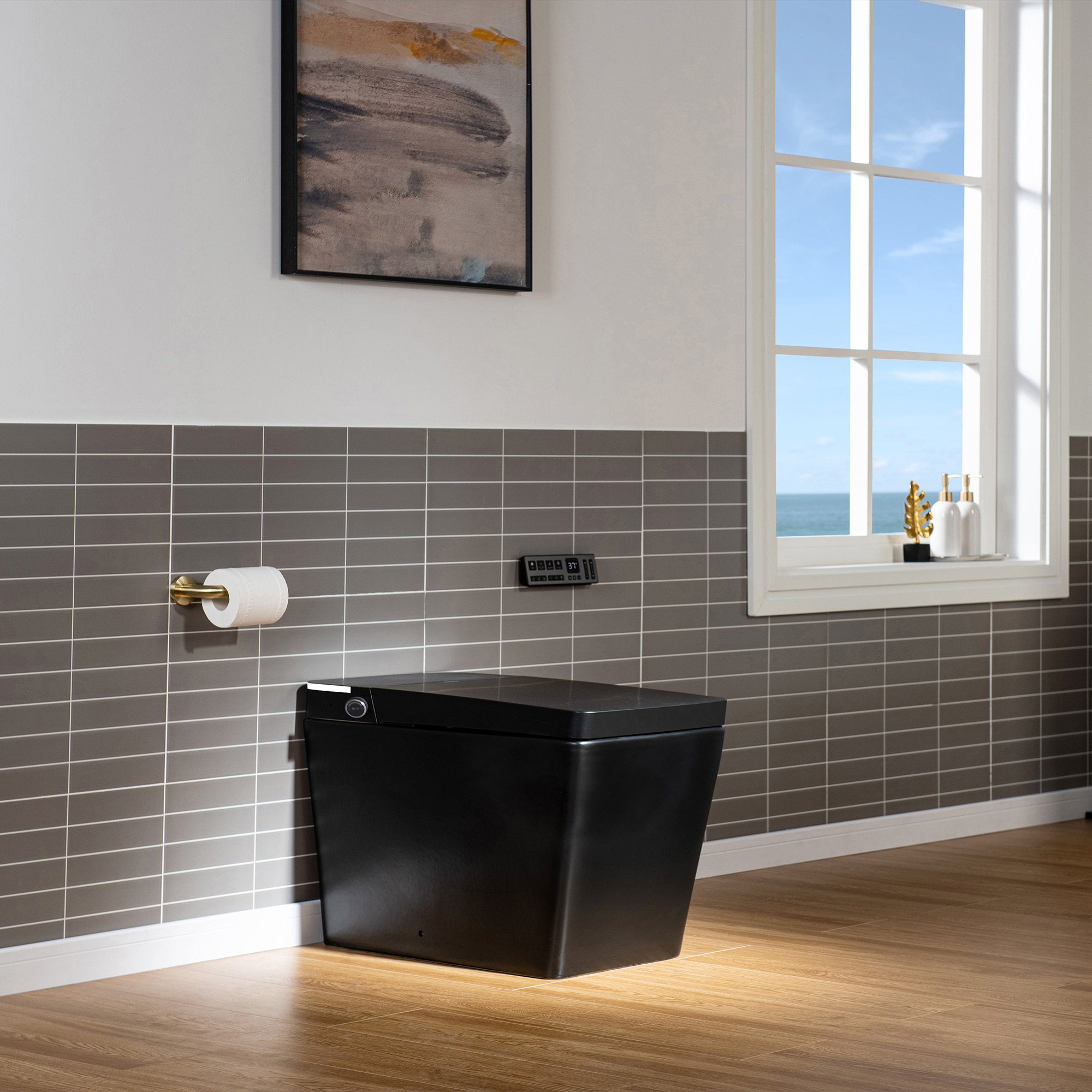  WOODBRIDGE EBT-MB03 One Piece Square Smart Bidet Toilet with Auto Open & Close, Foot Sensor, Auto Flush, Multiple Spray Modes, Heated Seat, Warm Water and Air Dryer, Auto LED Nightlight, Matte Black_25348