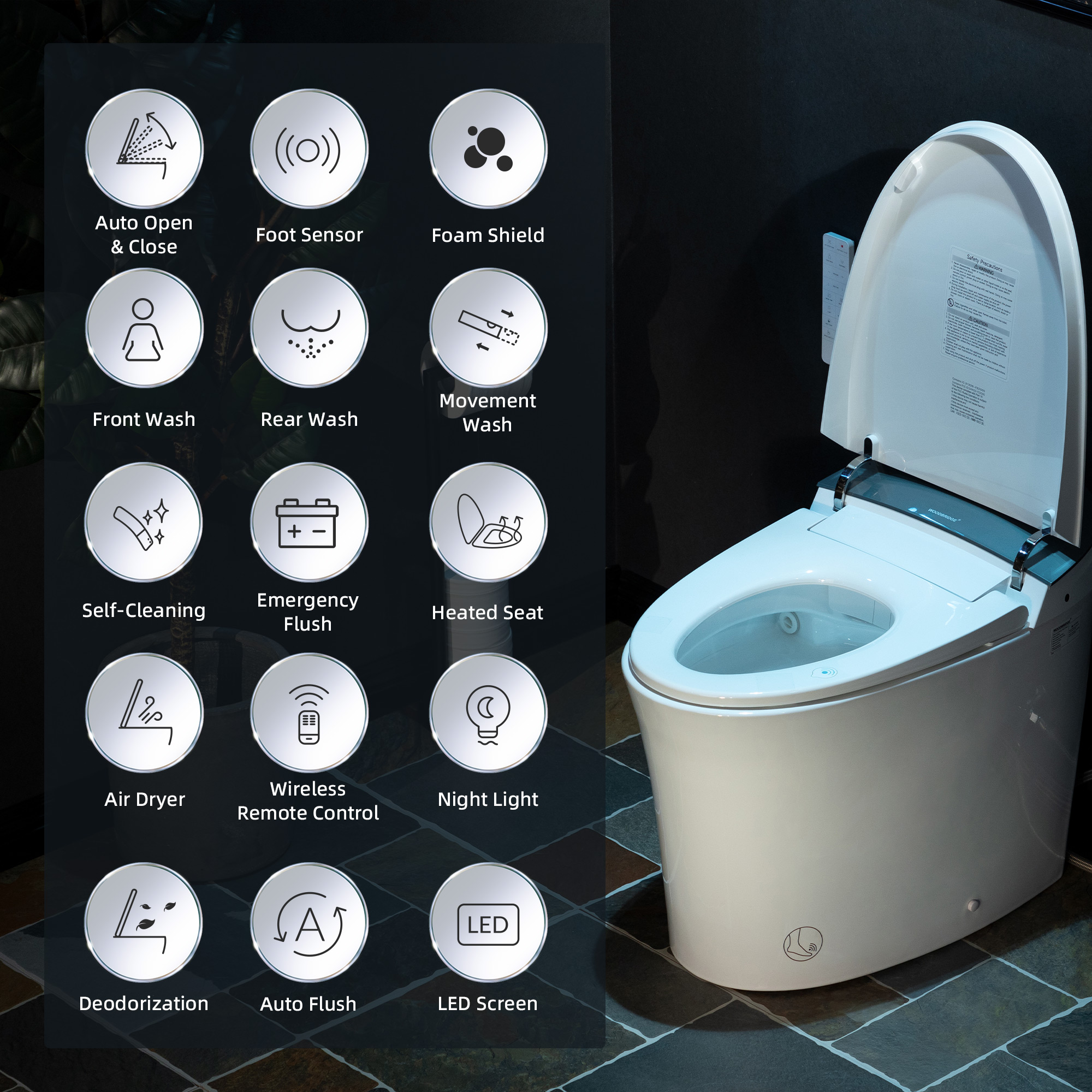  WOODBRIDGE Smart Bidet Toilet Auto Open & Close, Auto Flush, Foot Sensor, Cleaning Foam Dispenser, Heated Seat and ADA Chair Height Design, EBT230_14588