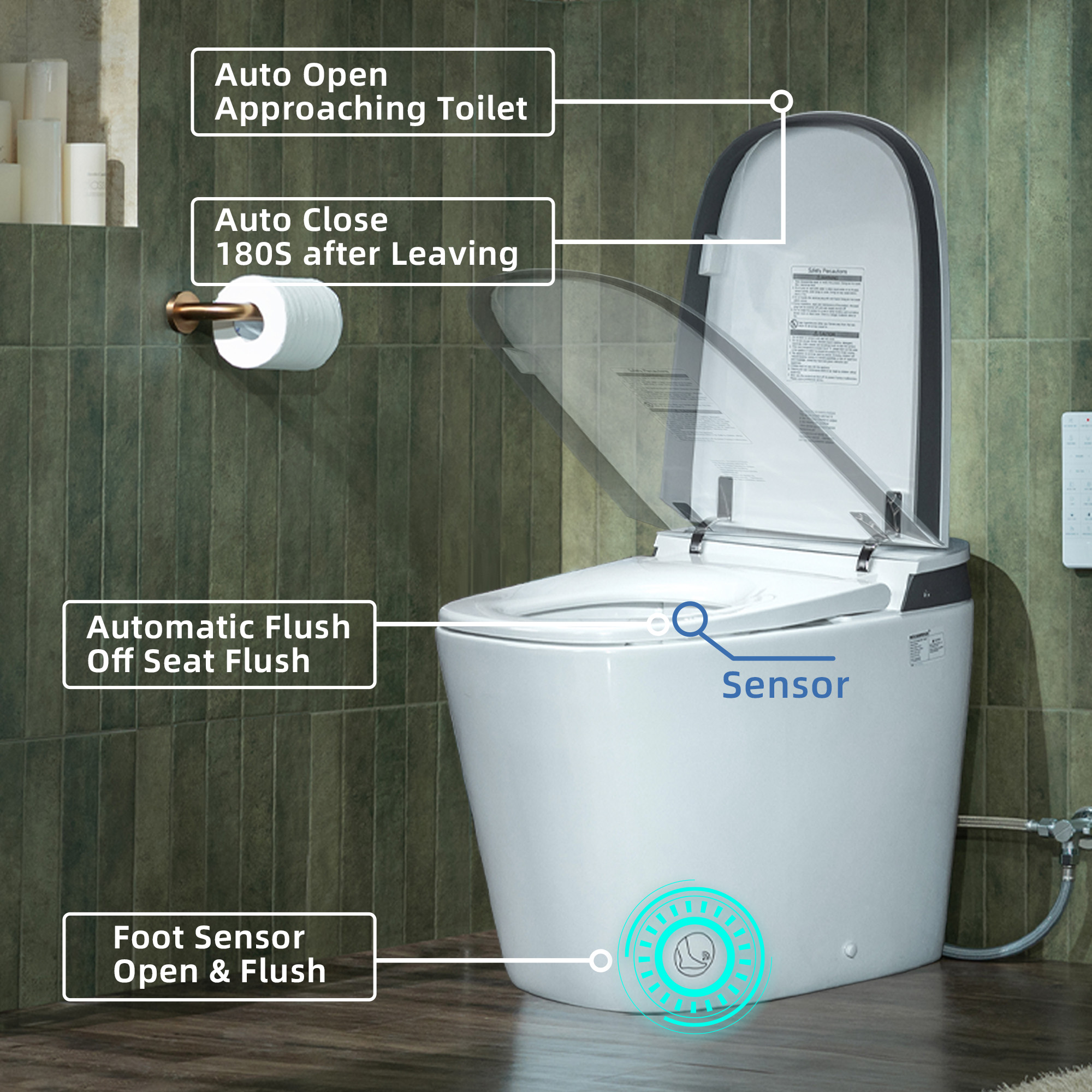  WOODBRIDGE Smart Bidet Toilet with Auto Open/Close, Foot Sensor, Automatic Flush, Foam Shield, Heated Seat, and ADA-Compliant Chair Height Design - Model, EBT350_14595