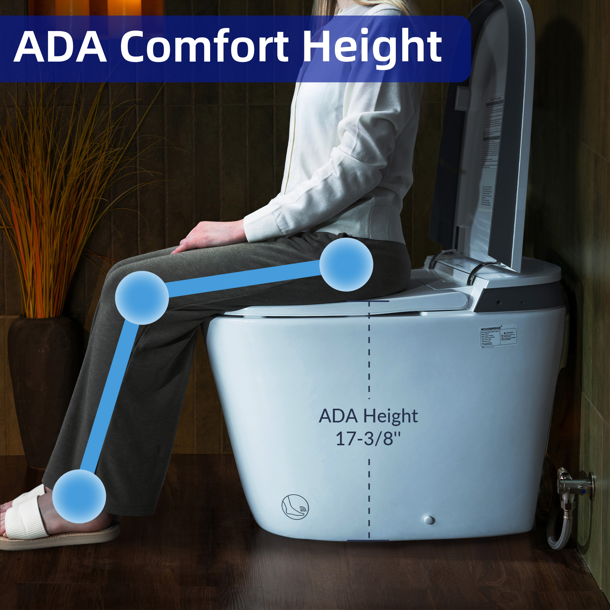  WOODBRIDGE Smart Bidet Toilet with Auto Open/Close, Foot Sensor, Automatic Flush, Foam Shield, Heated Seat, and ADA-Compliant Chair Height Design - Model, EBT350_14599