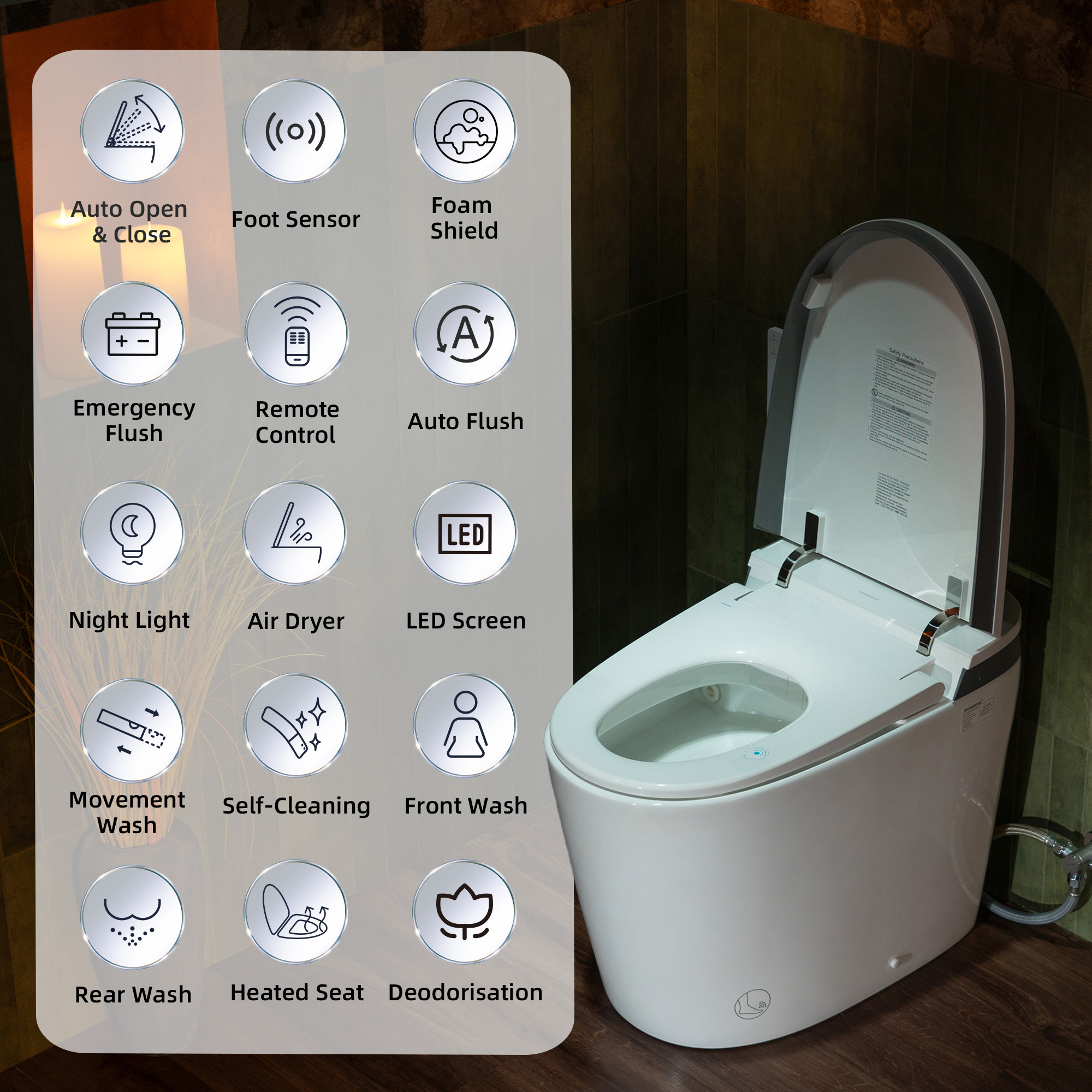  WOODBRIDGE Smart Bidet Toilet with Auto Open/Close, Foot Sensor, Automatic Flush, Foam Shield, Heated Seat, and ADA-Compliant Chair Height Design - Model, EBT350_14604