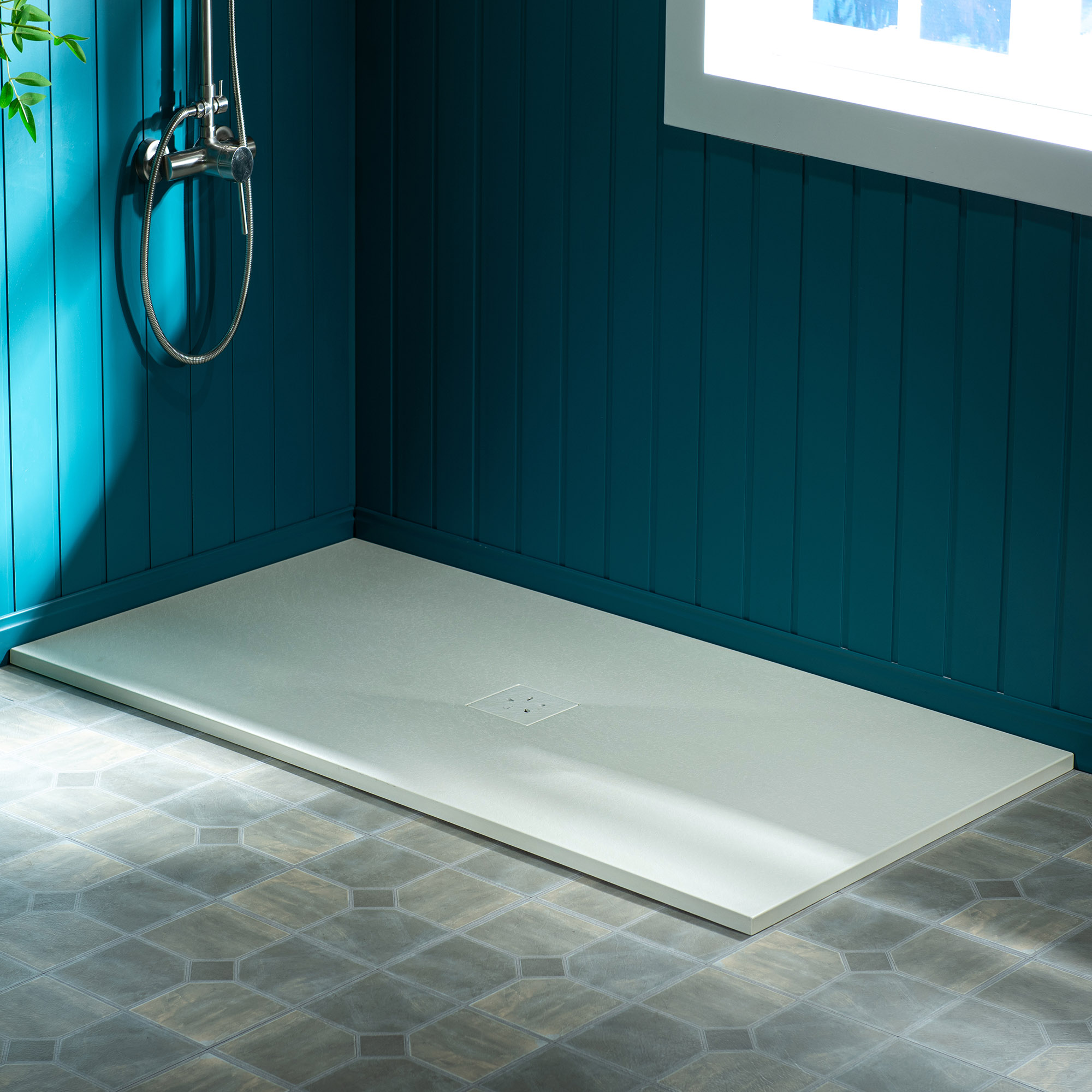  WOODBRIDGE 60-in L x 36-in W Zero-Threshold End-Drain Shower Base with Center Drain Placement, Matching Decorative Drain Plate and Tile Flange, Wheel Chair Access, Low Profile, Beige_25407