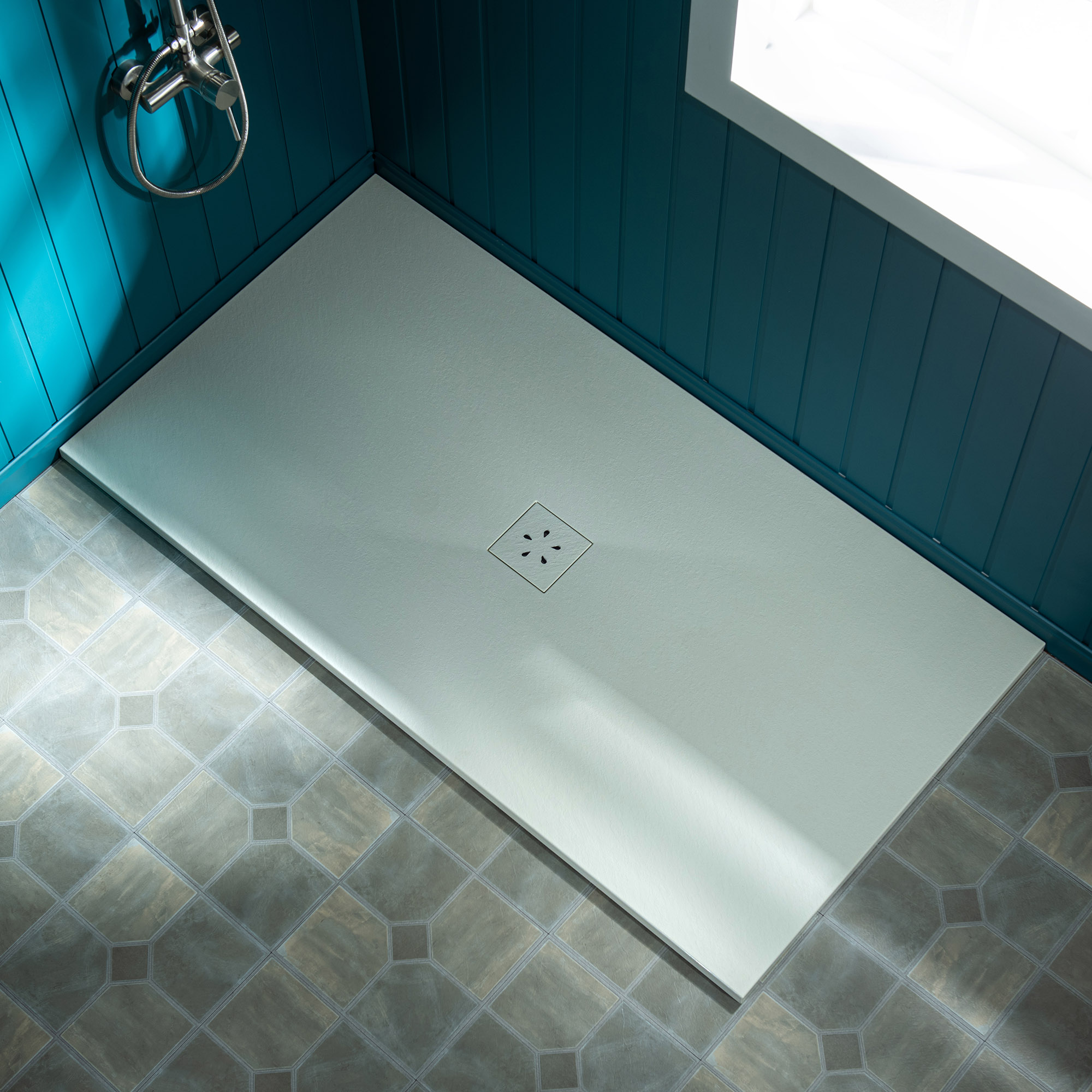  WOODBRIDGE 60-in L x 36-in W Zero-Threshold End-Drain Shower Base with Center Drain Placement, Matching Decorative Drain Plate and Tile Flange, Wheel Chair Access, Low Profile, Beige_25408