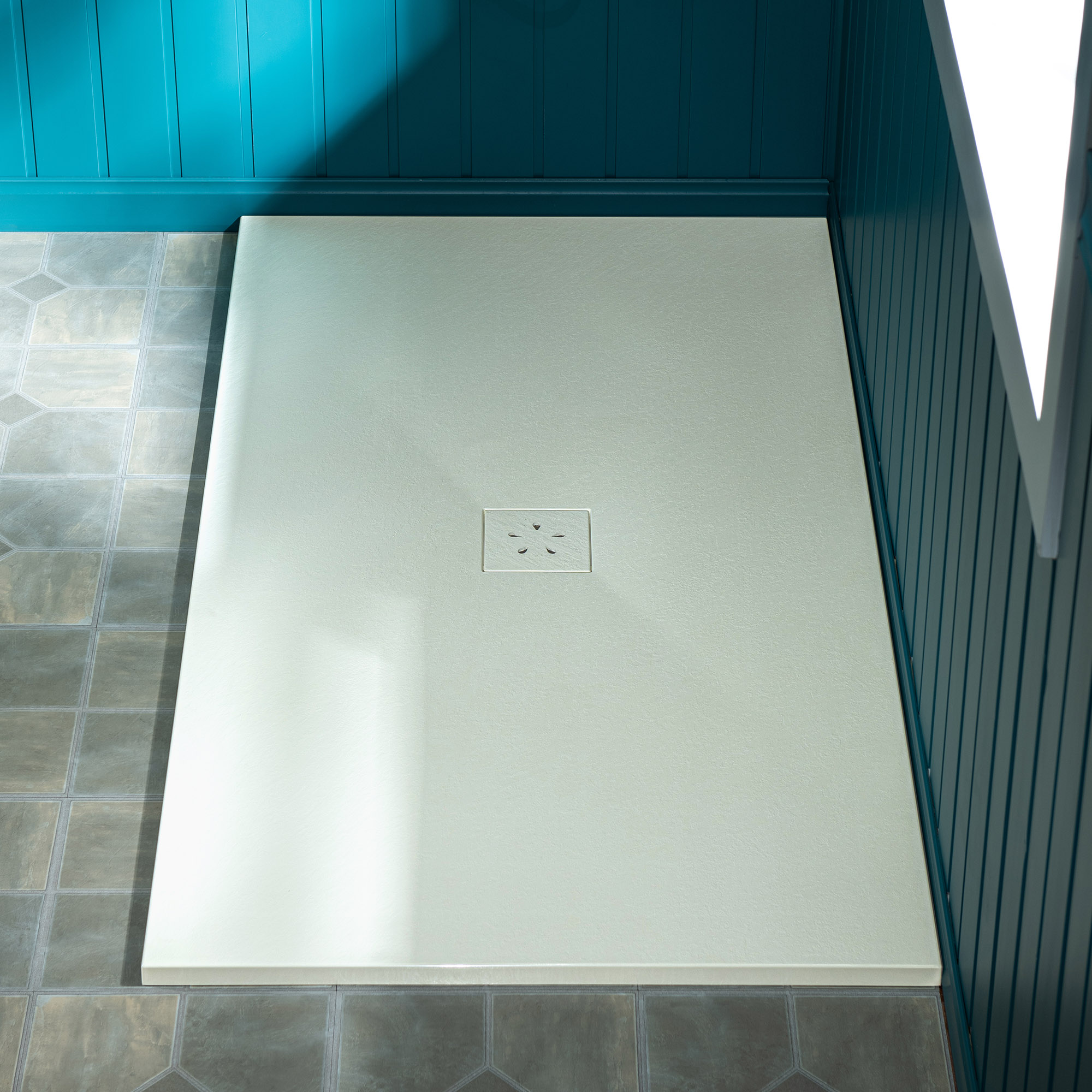 WOODBRIDGE 60-in L x 36-in W Zero-Threshold End-Drain Shower Base with Center Drain Placement, Matching Decorative Drain Plate and Tile Flange, Wheel Chair Access, Low Profile, Beige_25409