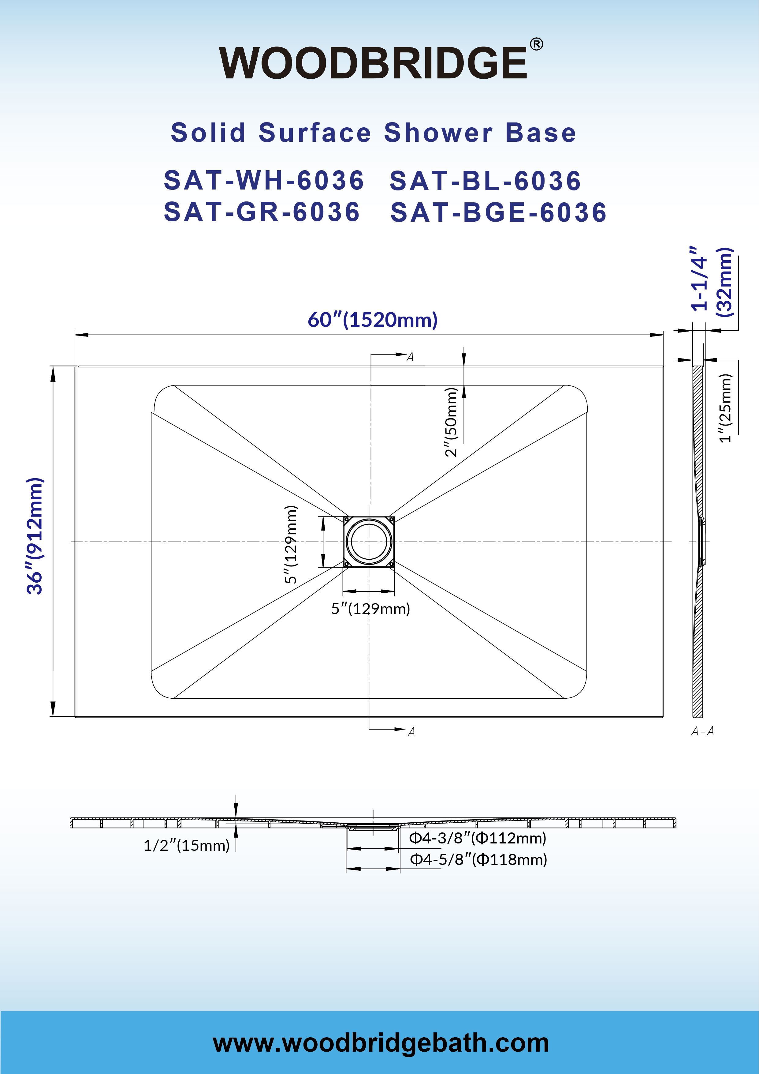  WOODBRIDGE 60-in L x 36-in W Zero-Threshold End-Drain Shower Base with Center Drain Placement, Matching Decorative Drain Plate and Tile Flange, Wheel Chair Access, Low Profile, Beige_25410