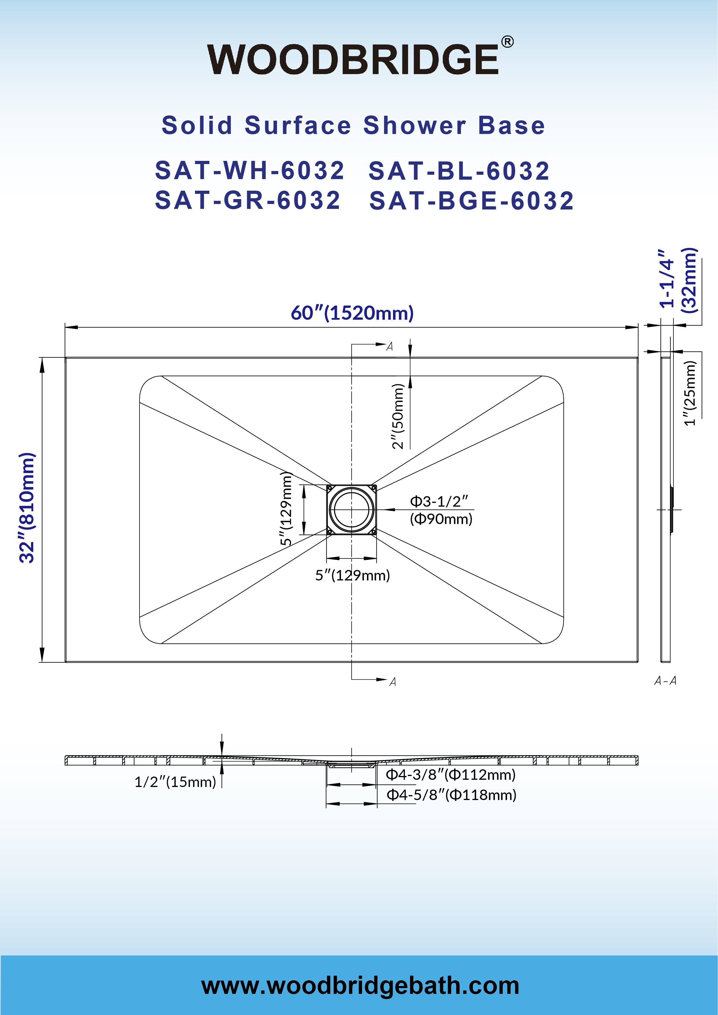  WOODBRIDGE 60-in L x 32-in W Zero-Threshold End-Drain Shower Base with Center Drain Placement, Matching Decorative Drain Plate and Tile Flange, Wheel Chair Access, Low Profile, Black_25429