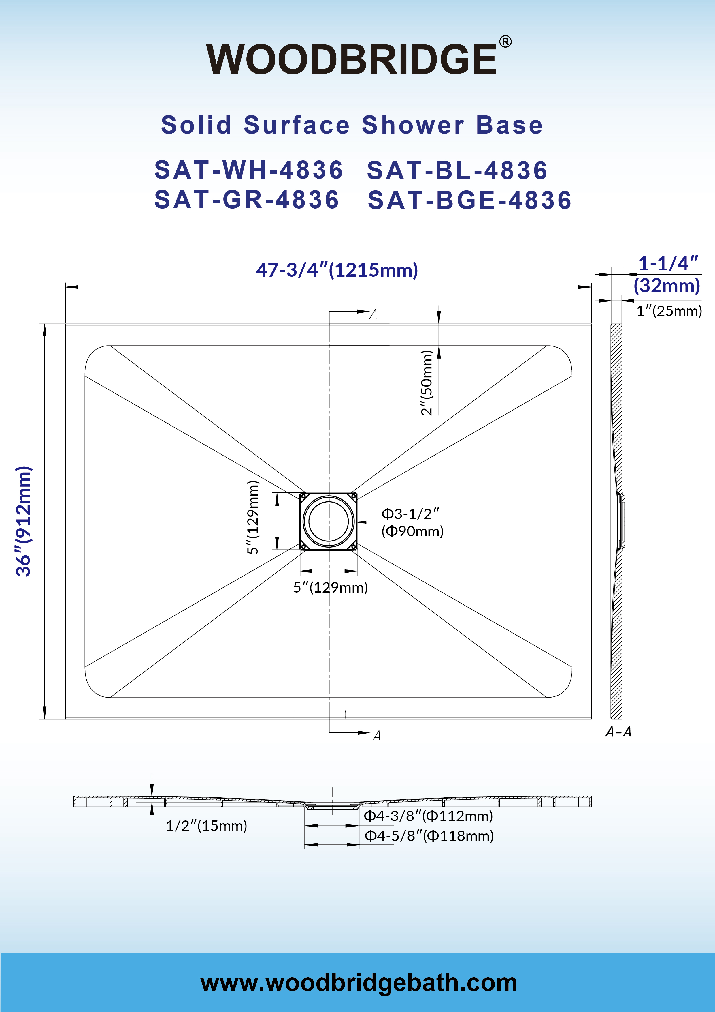  WOODBRIDGE 47.75-in L x 36-in W Zero-Threshold End-Drain Shower Base with Center Drain Placement, Matching Decorative Drain Plate and Tile Flange, Wheel Chair Access, Low Profile, Gray_25447