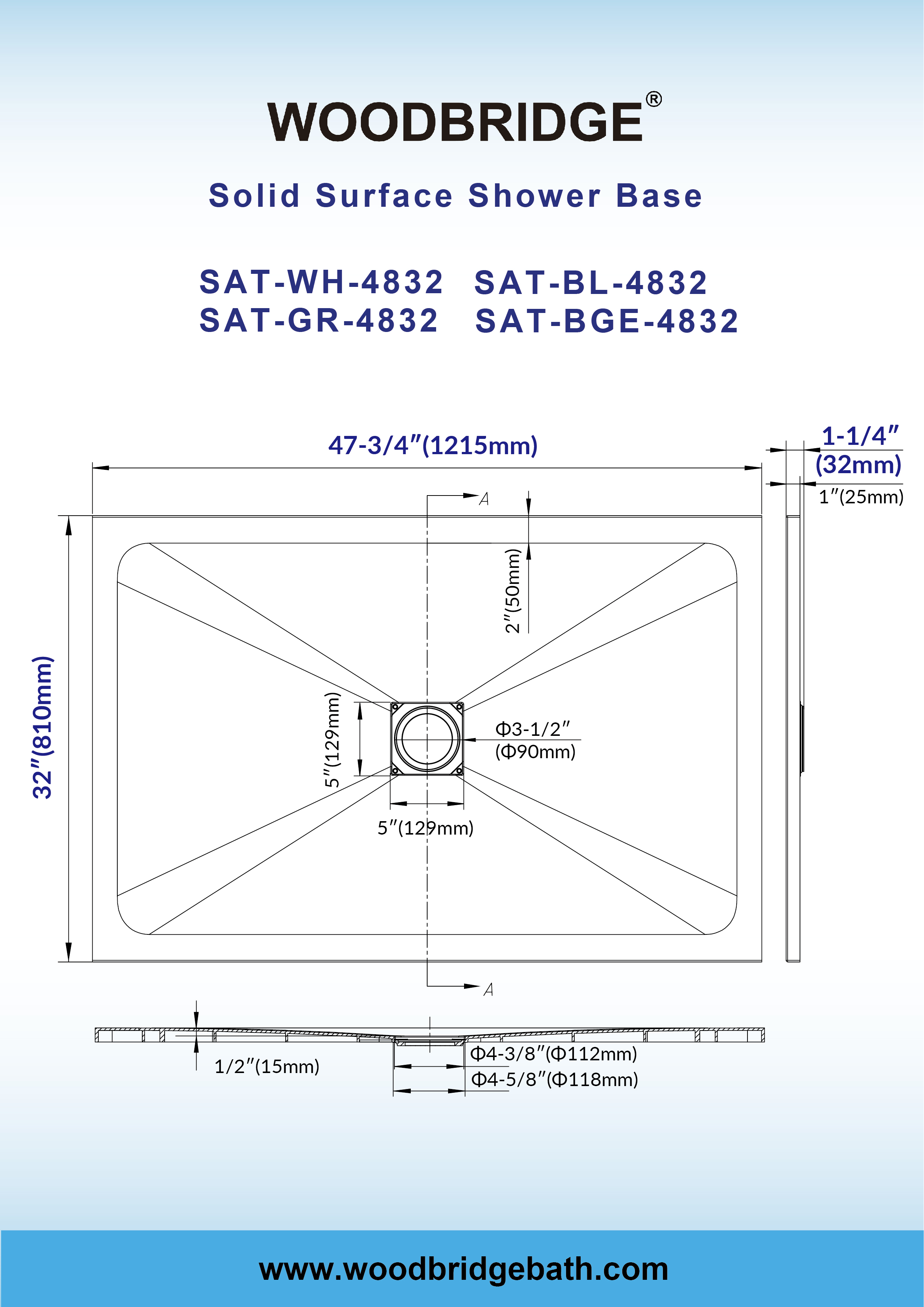  WOODBRIDGE 47.75-in L x 32-in W Zero-Threshold End-Drain Shower Base with Center Drain Placement, Matching Decorative Drain Plate and Tile Flange, Wheel Chair Access, Low Profile, White_25465