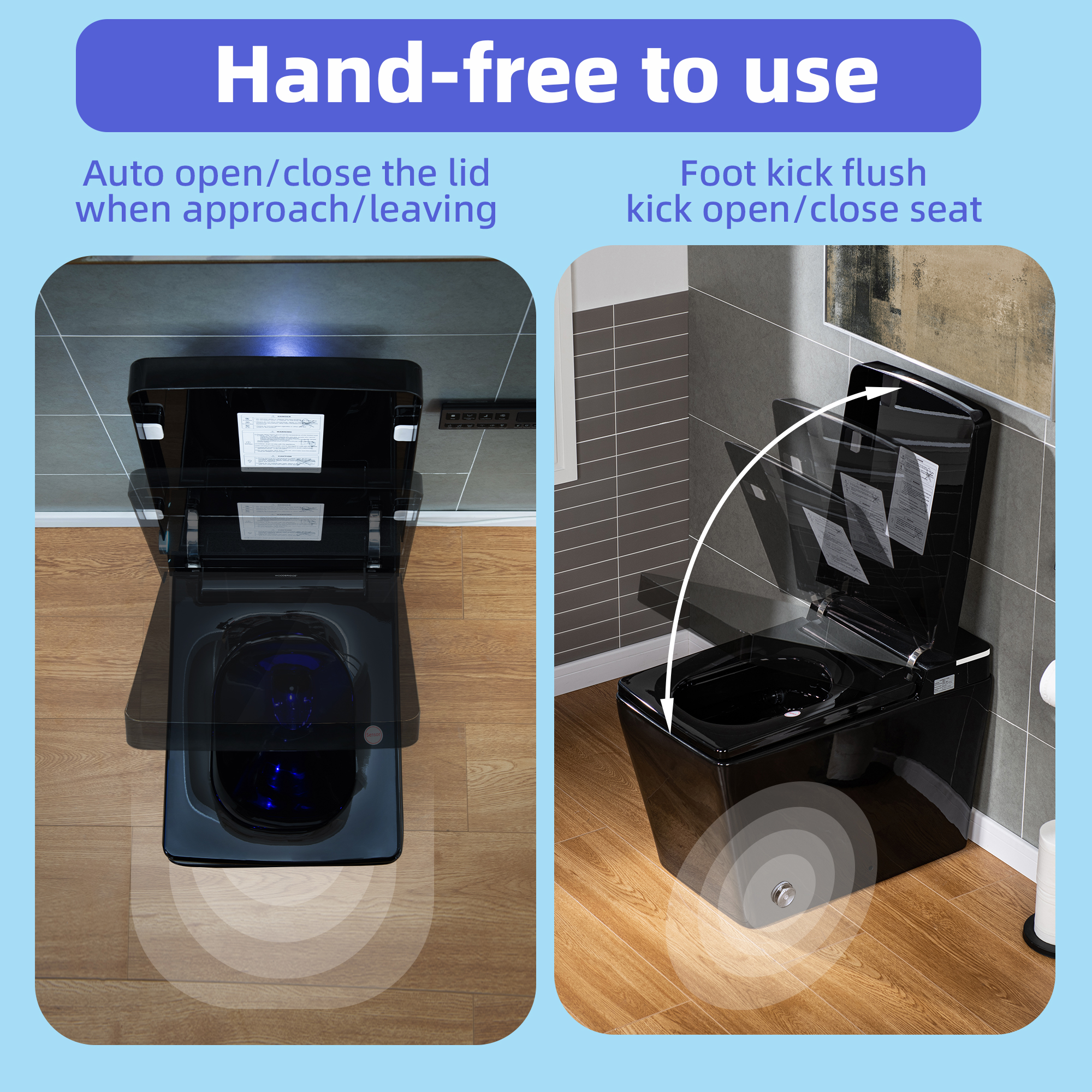  WOODBRIDGE EBT-HB02 One-Piece Square Smart Bidet Toilet with Auto Open & Close, Foot Sensor, Auto Flush, Multiple Spray Modes, Heated Seat, Warm Water and Air Dryer, Auto LED Nightlight, Glossy Black_25535