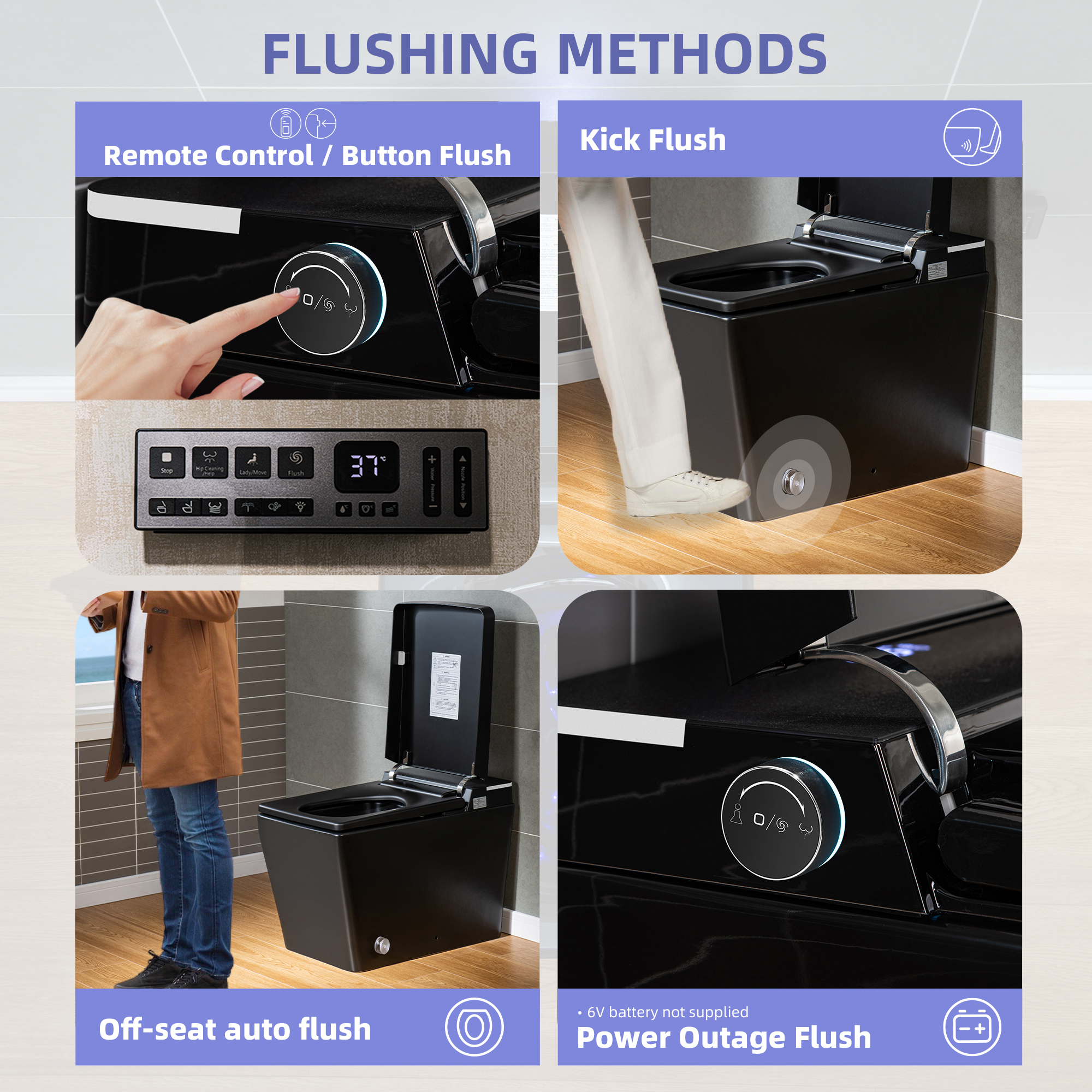  WOODBRIDGE EBT-HB02 One-Piece Square Smart Bidet Toilet with Auto Open & Close, Foot Sensor, Auto Flush, Multiple Spray Modes, Heated Seat, Warm Water and Air Dryer, Auto LED Nightlight, Glossy Black_25537