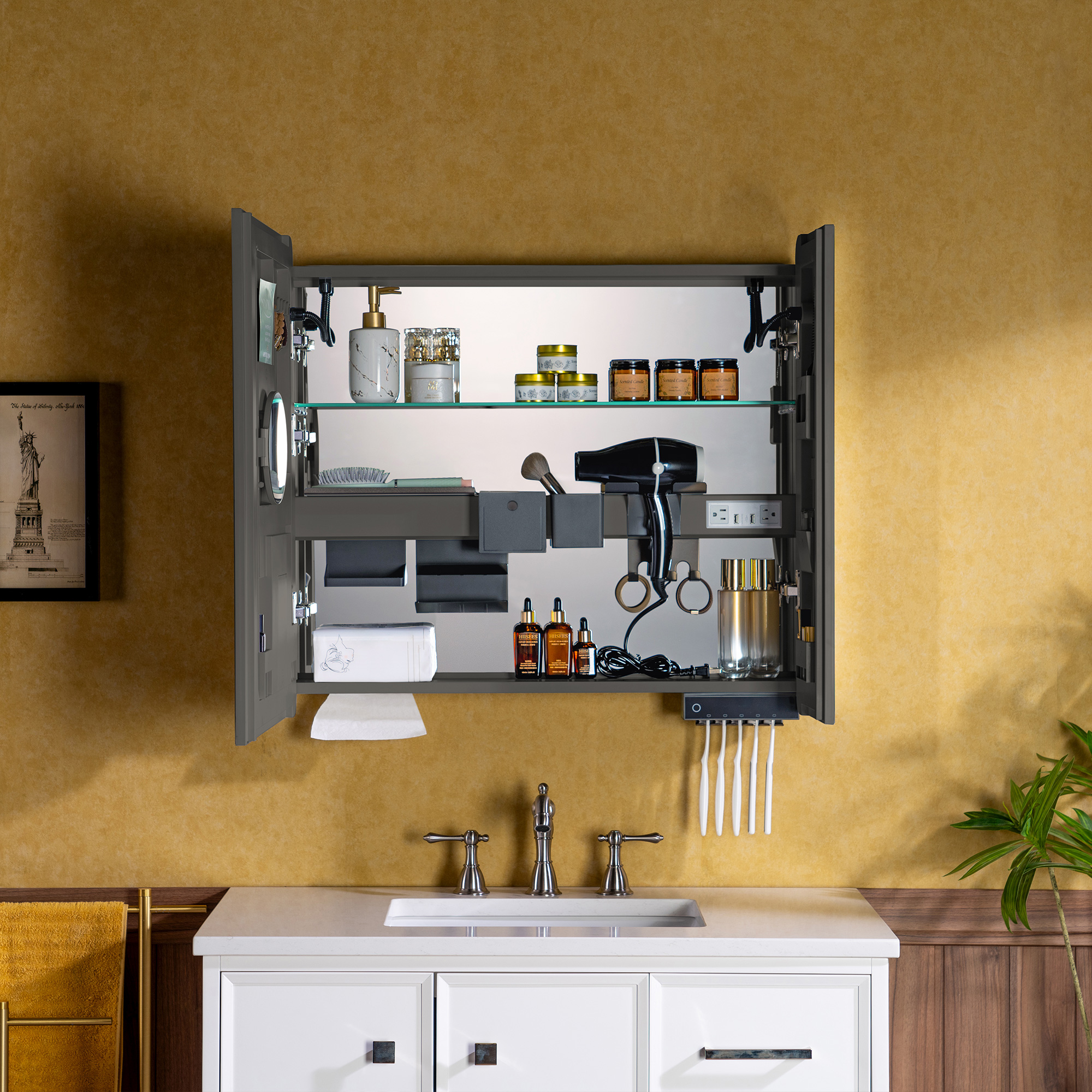  WOODBRIDGE Modern Rectangular Medicine Cabinet with Rounded Corners (30.75” W x 27.5” H) – Smart Storage, Anti-Fog Mirror, LED Lighting, Medium-Sized, RC3028-GR_25669