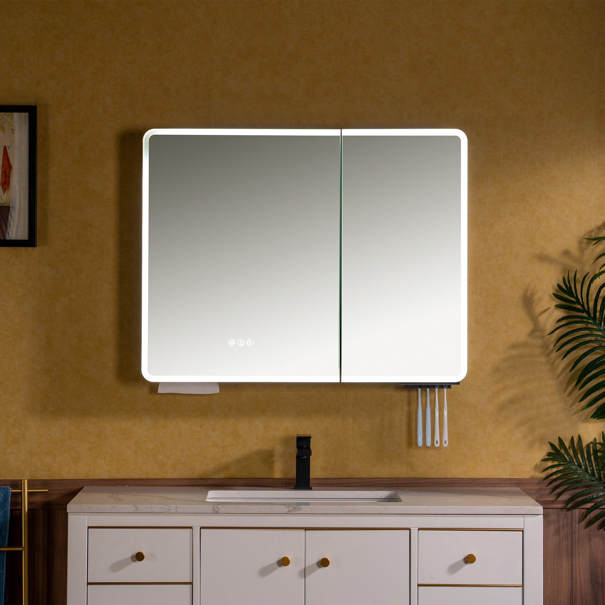 WOODBRIDGE 36.5” LED Medicine Cabinet with Anti-Fog Mirror, Toothbrush UV Sterilizer, Smart Storage, USB Charging & Dimmable Lighting – RC3628-GR