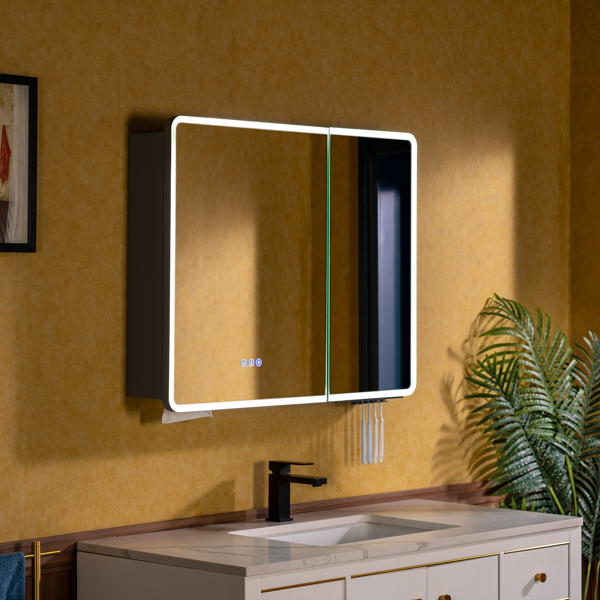  WOODBRIDGE 36.5” LED Medicine Cabinet with Anti-Fog Mirror, Toothbrush UV Sterilizer, Smart Storage, USB Charging & Dimmable Lighting – RC3628-GR_25691