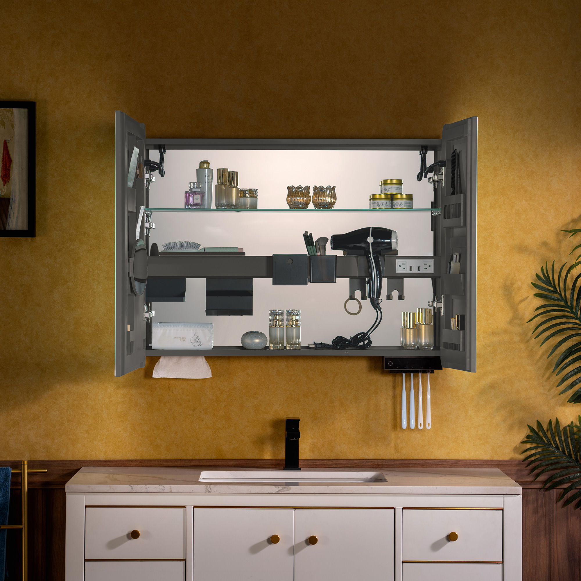  WOODBRIDGE 36.5” LED Medicine Cabinet with Anti-Fog Mirror, Toothbrush UV Sterilizer, Smart Storage, USB Charging & Dimmable Lighting – RC3628-GR_25692