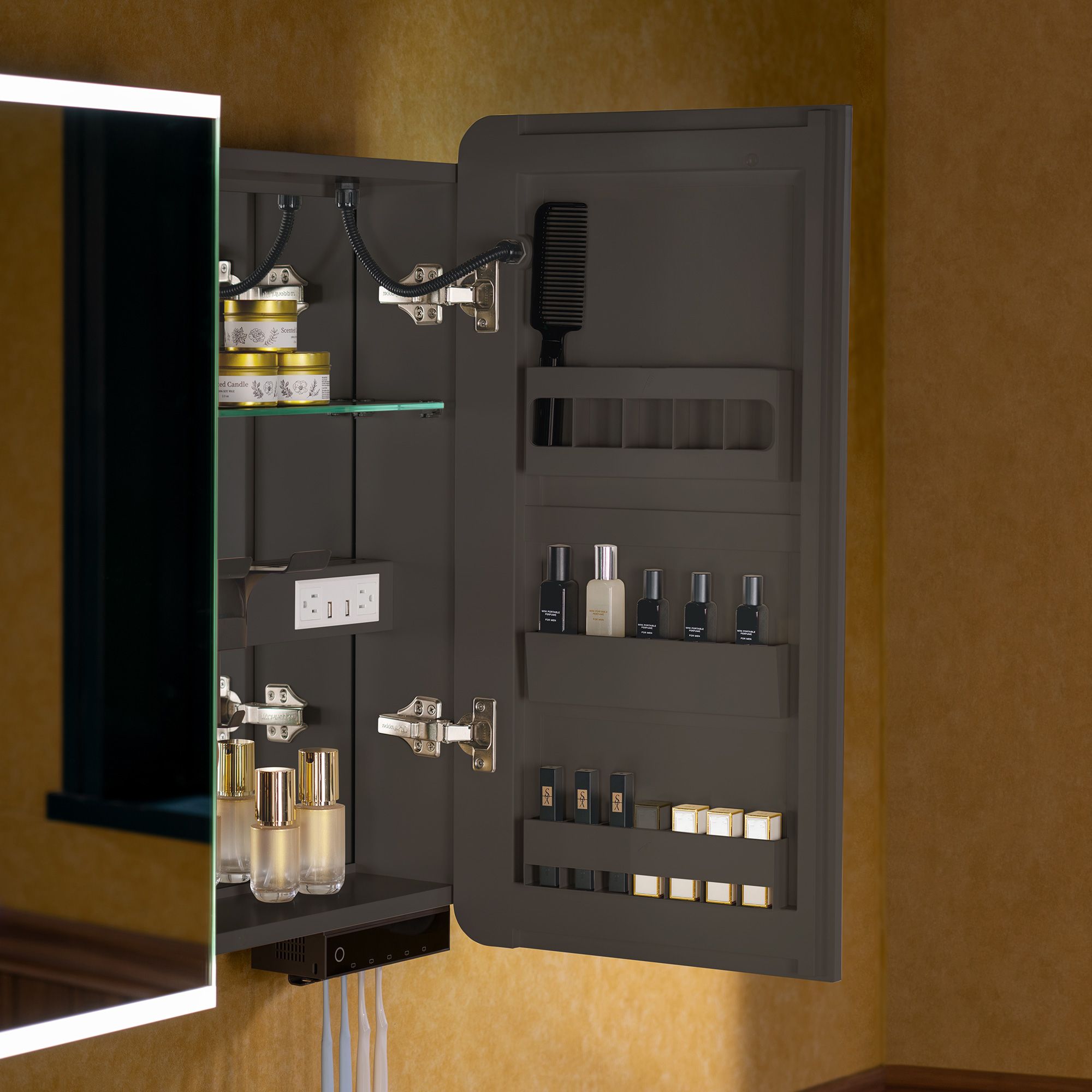  WOODBRIDGE 36.5” LED Medicine Cabinet with Anti-Fog Mirror, Toothbrush UV Sterilizer, Smart Storage, USB Charging & Dimmable Lighting – RC3628-GR_25694