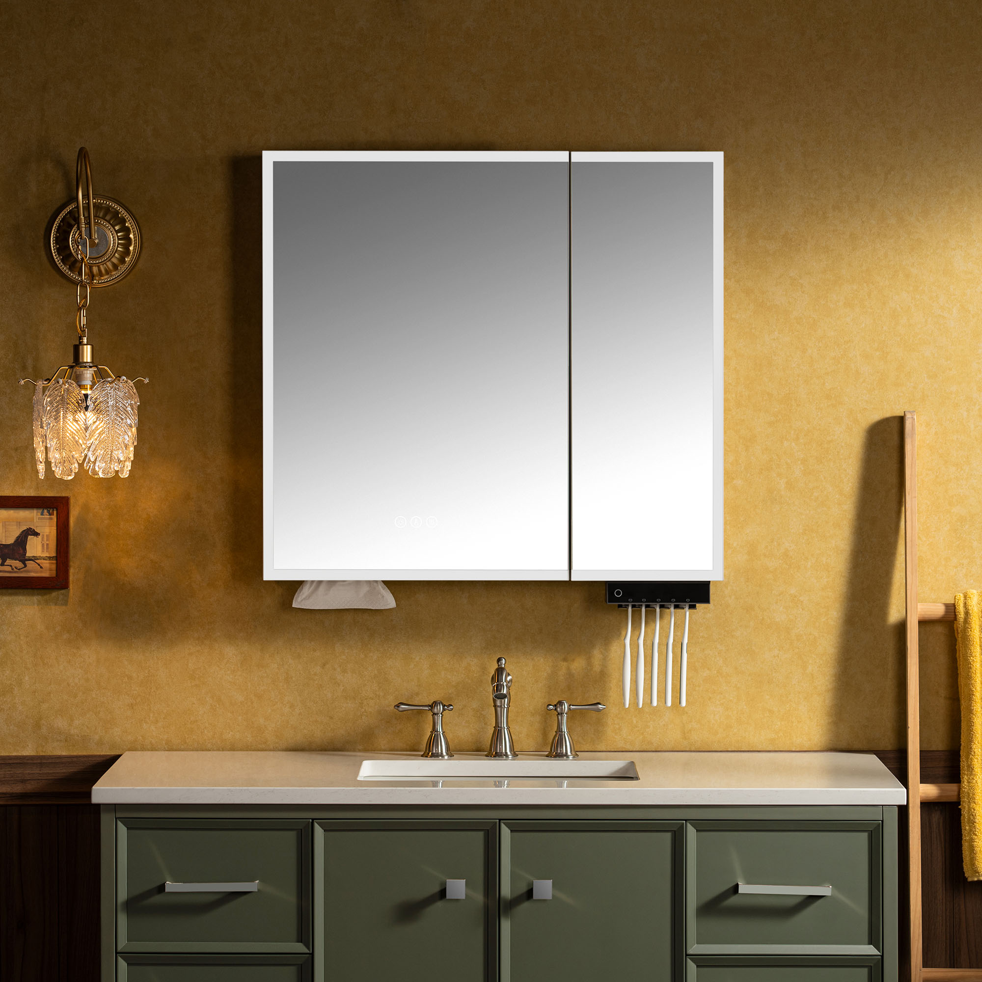 WOODBRIDGE Modern Rectangle 29.5” W x 27.75” H Smart Storage Medicine Cabinet with Anti-Fog Mirror, LED Lighting, and Medium-Sized Design, M3028-IV