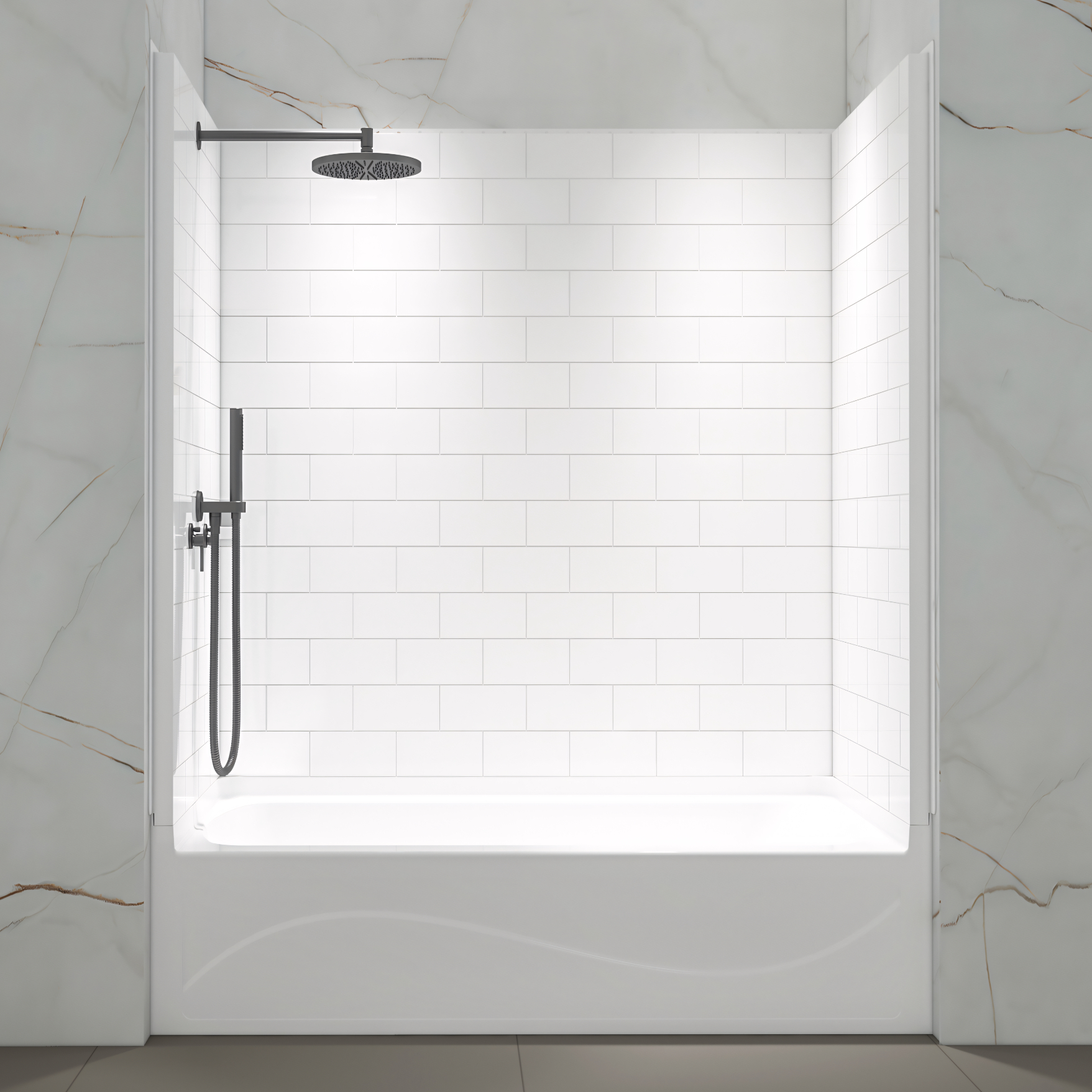 WOODBRIDGE 60 in. W x 32 in. D x 64 in. H 4-Piece Solid Surface Alcove Tub Wall Kit with Staggered Brick Pattern, Gloss White Finish,