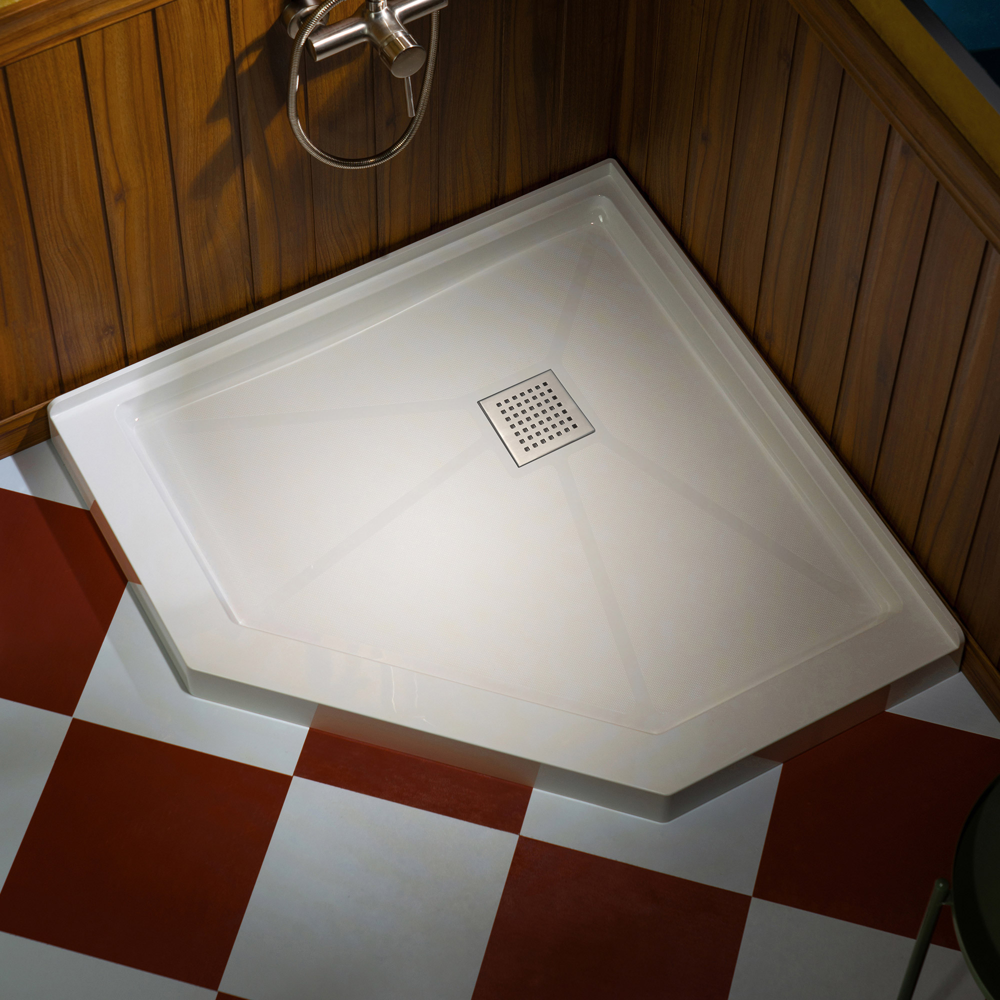 WOODBRIDGE 34 in. x 34 in. Solid Surface Neo-Angle Shower Base Pan in White with Brushed Nickel Drain Cover