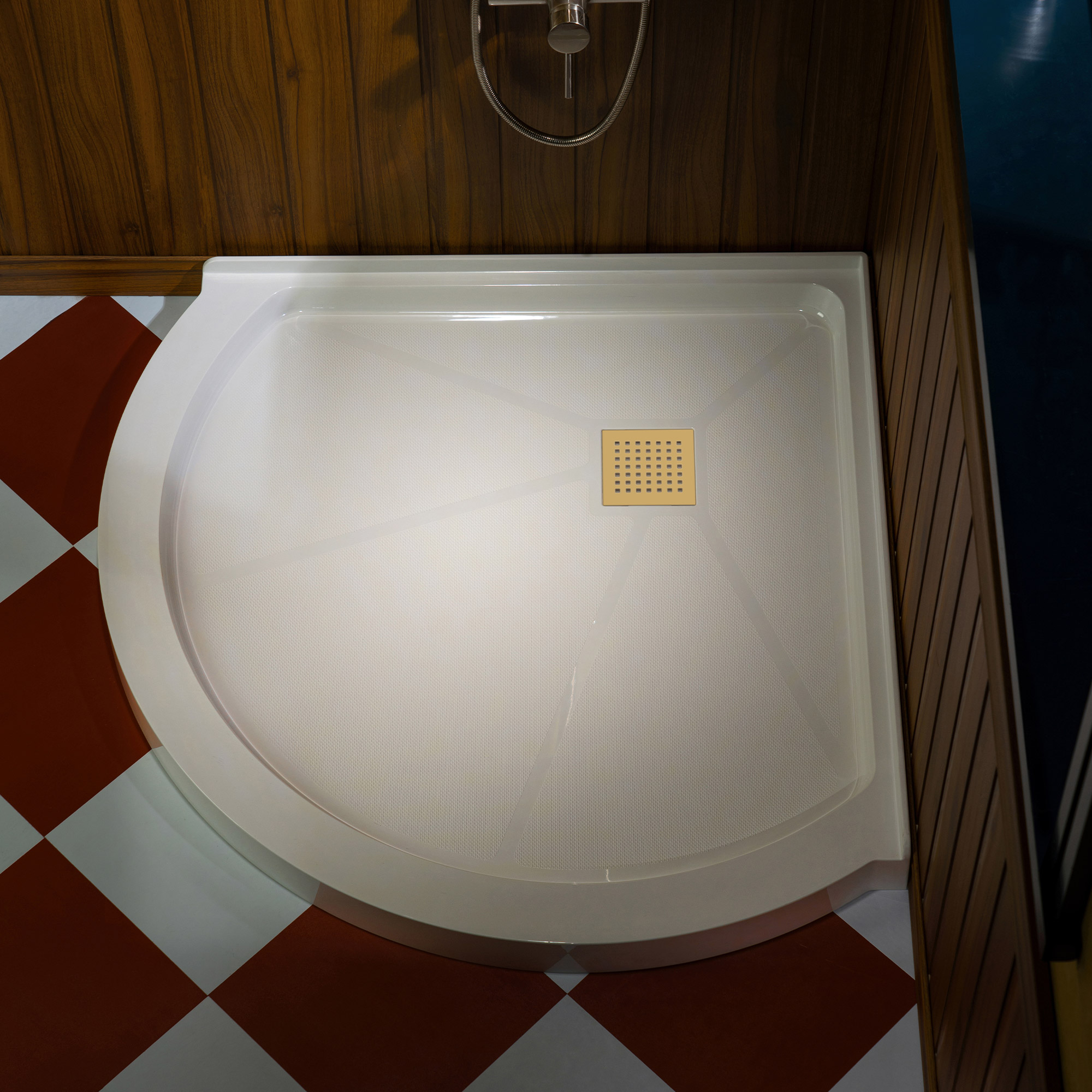 WOODBRIDGE 36 in. x 36 in. Round Corner Solid Surface Neo-Angle Shower Base Pan in White with Brushed Gold Drain Cover