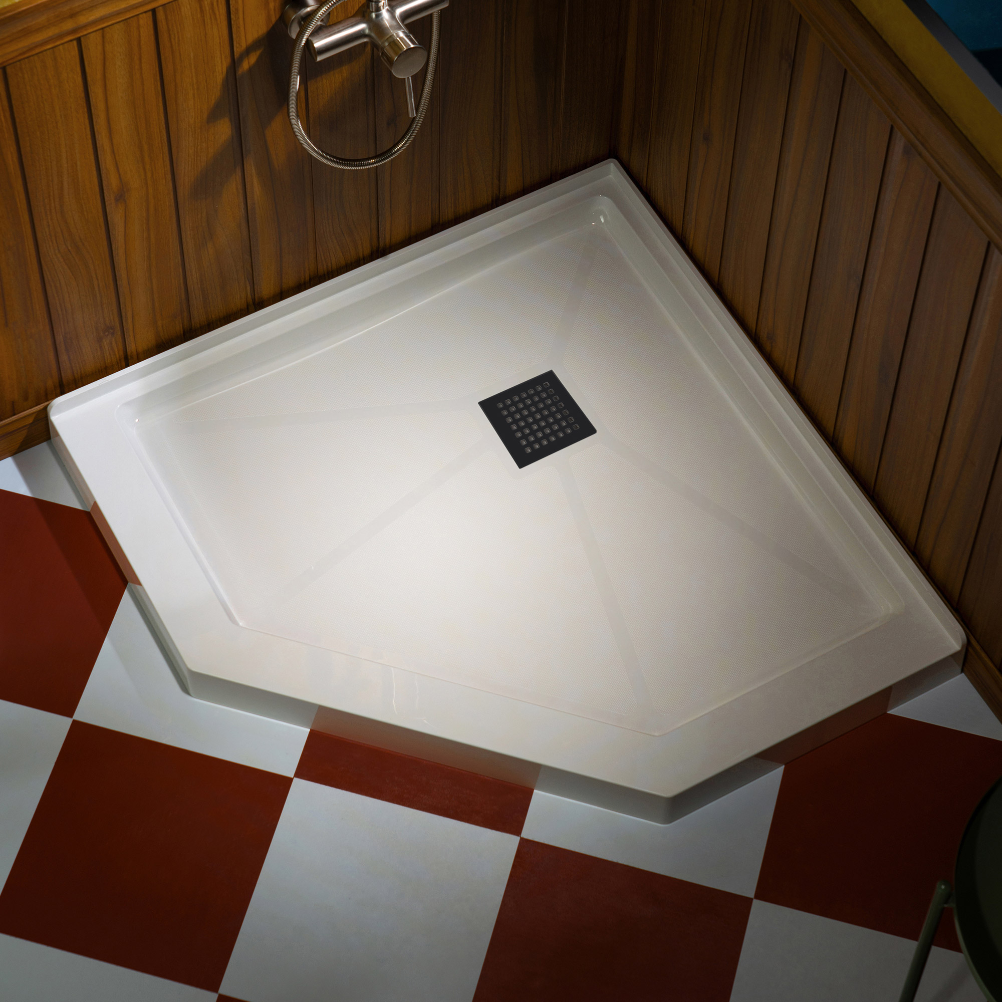 WOODBRIDGE 36 in. x 36 in. Solid Surface Neo-Angle Shower Base Pan in White with Matte Black Drain Cover