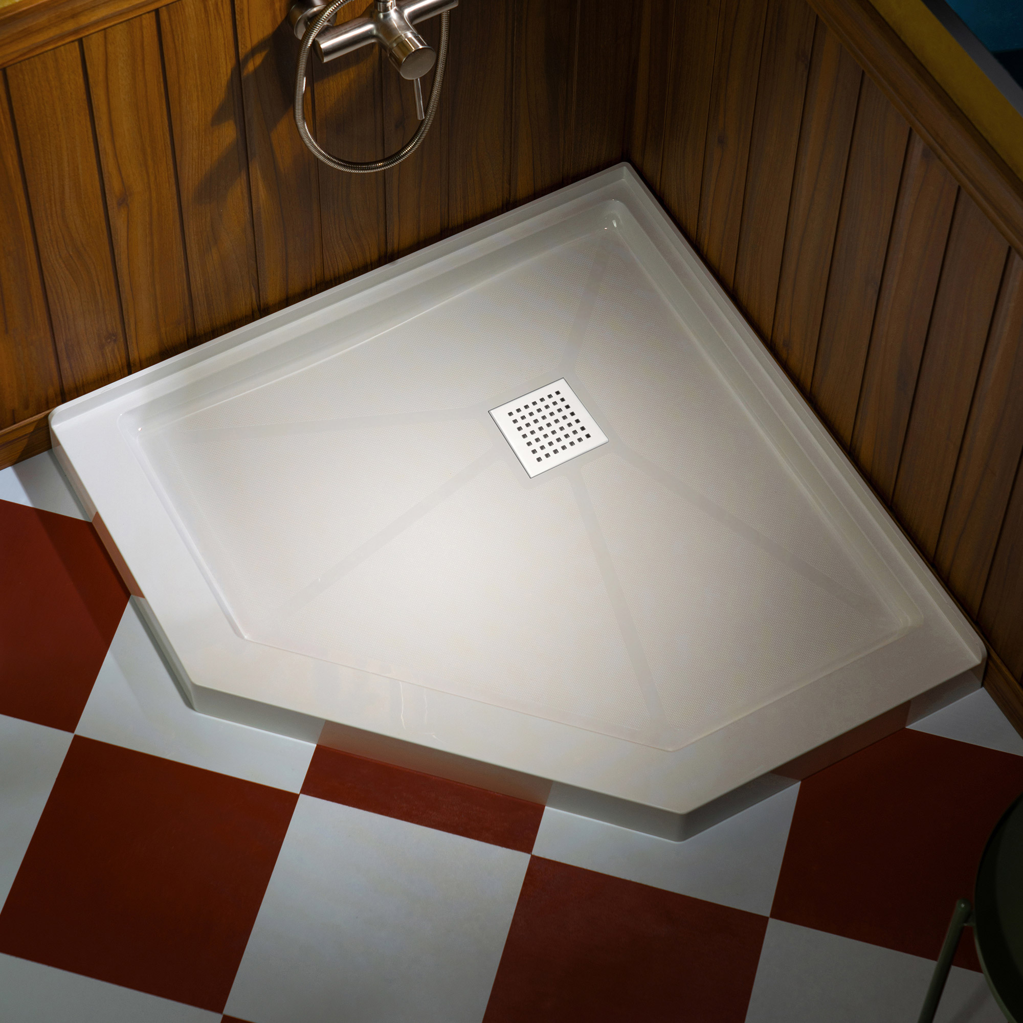 WOODBRIDGE 38 in. x 38 in. Solid Surface Neo-Angle Shower Base Pan in White with Chrome Drain Cover