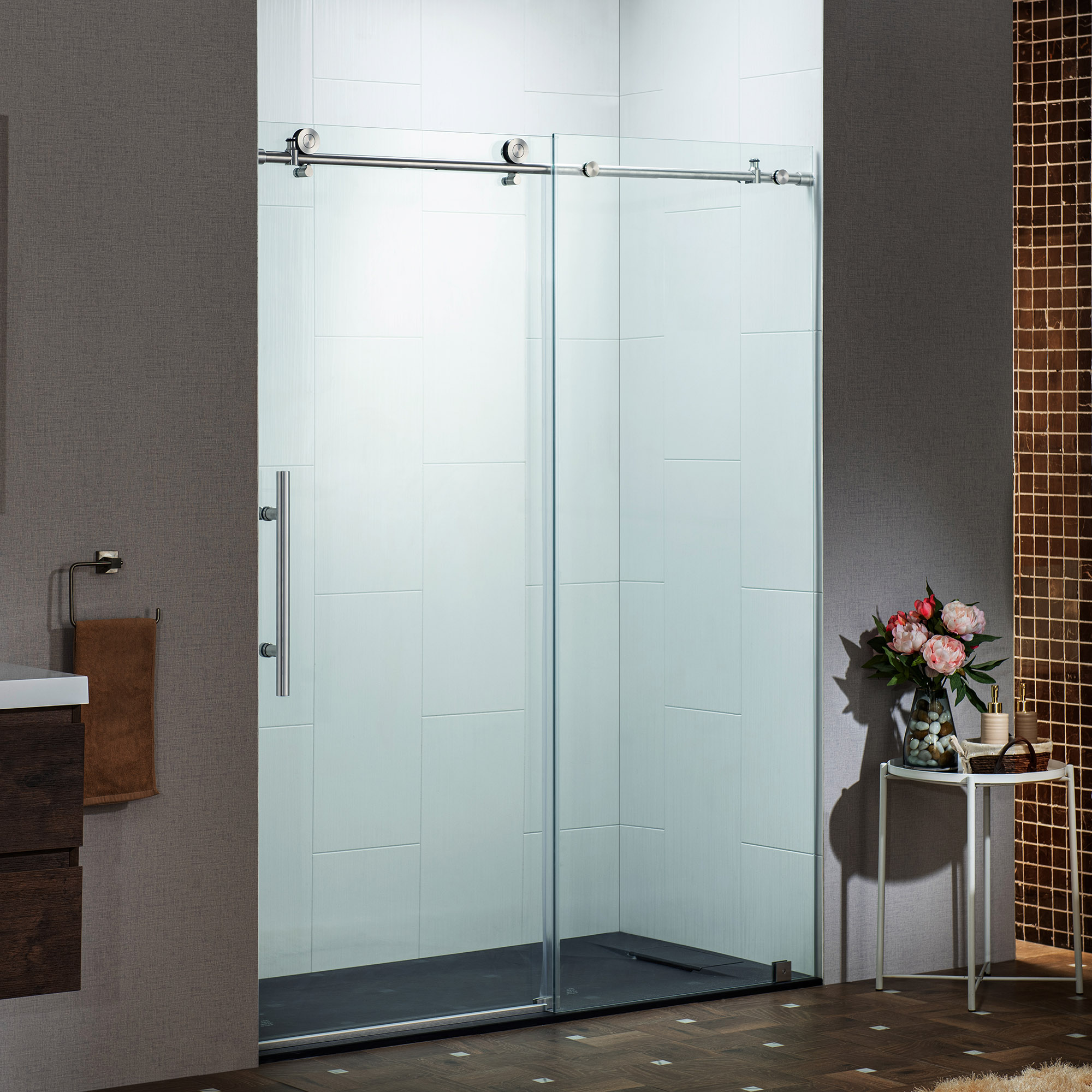 WOODBRIDGE Frameless Single Sliding Shower Door with Soft Close System, 57.5-60