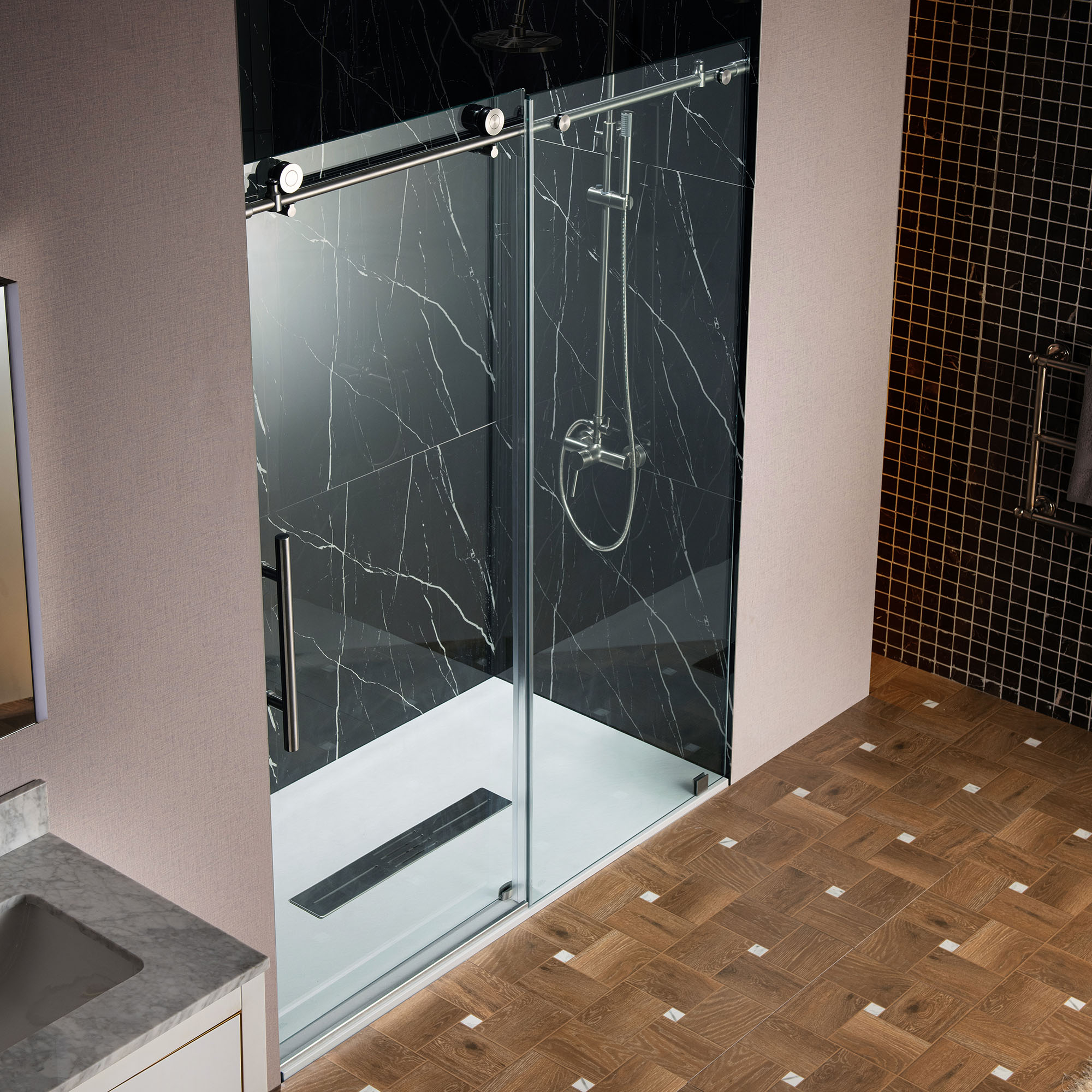  WOODBRIDGE Frameless Single Sliding Shower Door with Soft Close System, 57.5-60